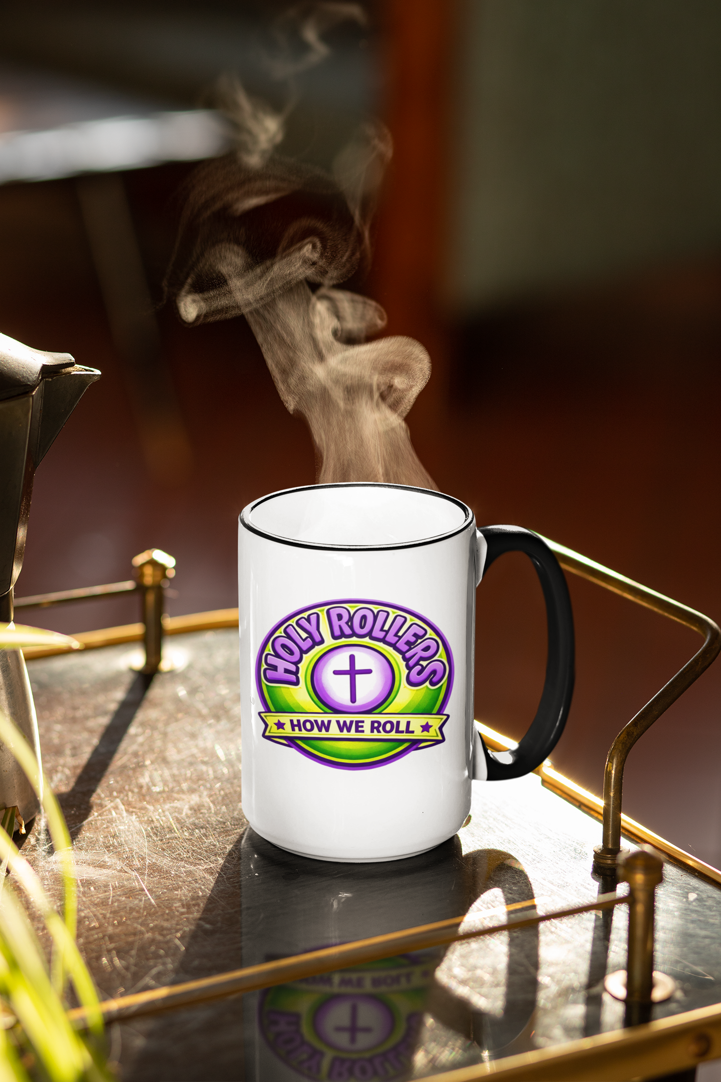 Holy Rollers Christian apparel: Holy Roller "Walk By Faith"  Logo Mug | Accent Rim & Handle