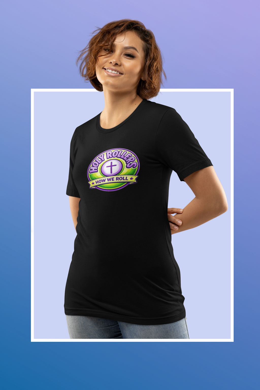 Holy Rollers Christian apparel thumbnail: Saved by Grace Holy Rollers T-Shirt | Uplifted Confident Joyful Faith Tee