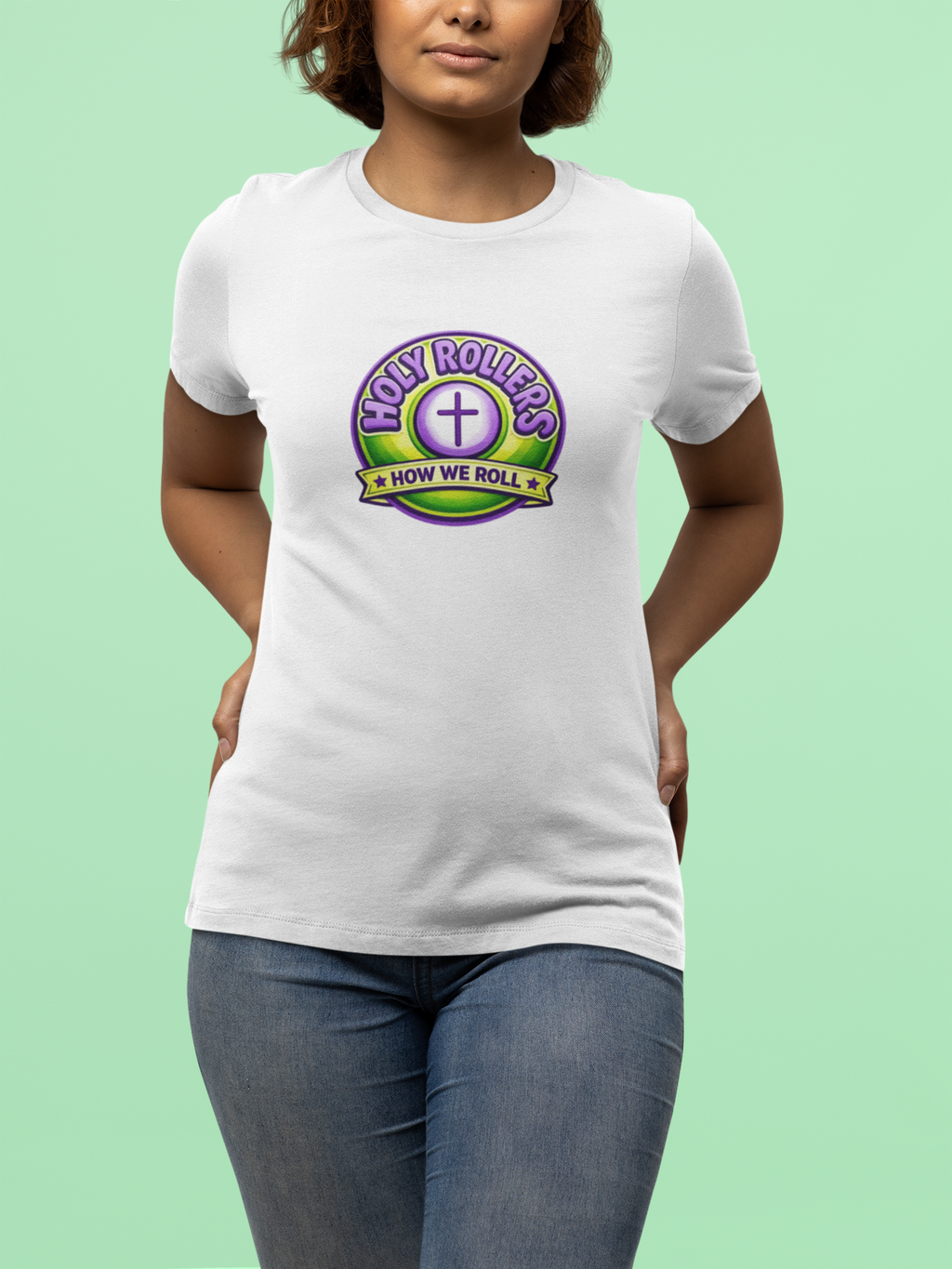 Holy Rollers Christian apparel thumbnail: Saved by Grace Holy Rollers T-Shirt | Uplifted Confident Joyful Faith Tee