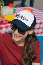 Holy Rollers Foam Trucker Hat | Script Logo, Colored Visor & Mesh on White