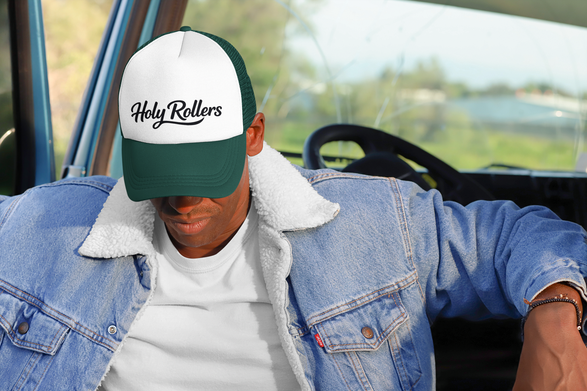 Holy Rollers Christian apparel: Holy Rollers Foam Trucker Hat | Script Logo, Colored Visor & Mesh on White