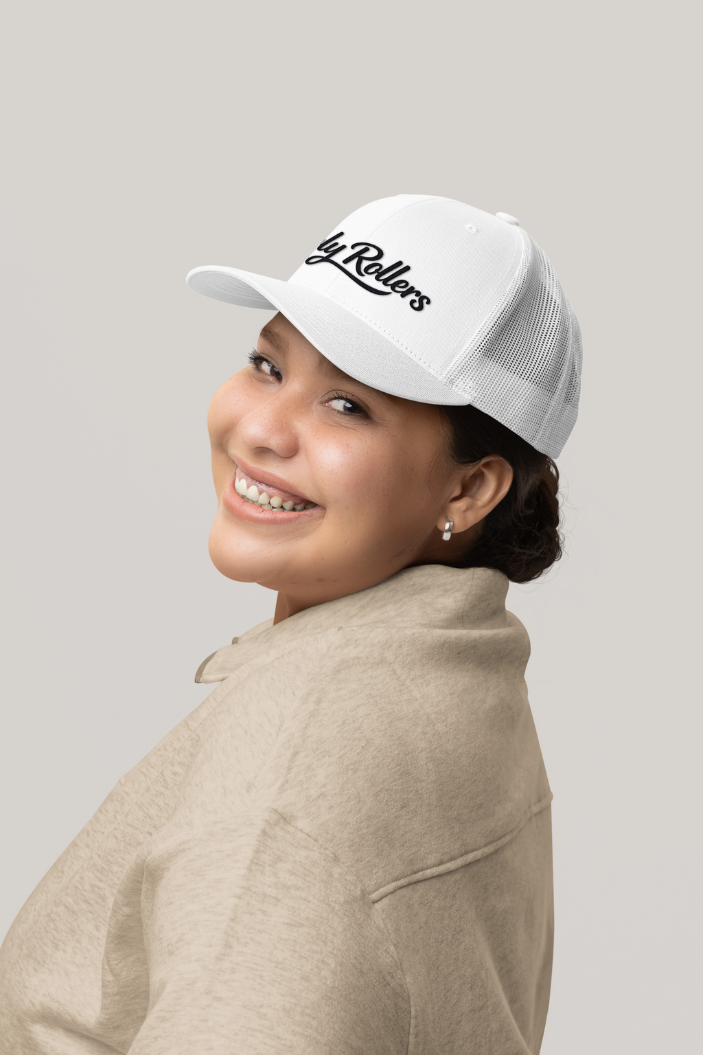Holy Rollers Christian apparel thumbnail: Holy Rollers Foam Trucker Hat | Script Logo, Colored Visor & Mesh on White