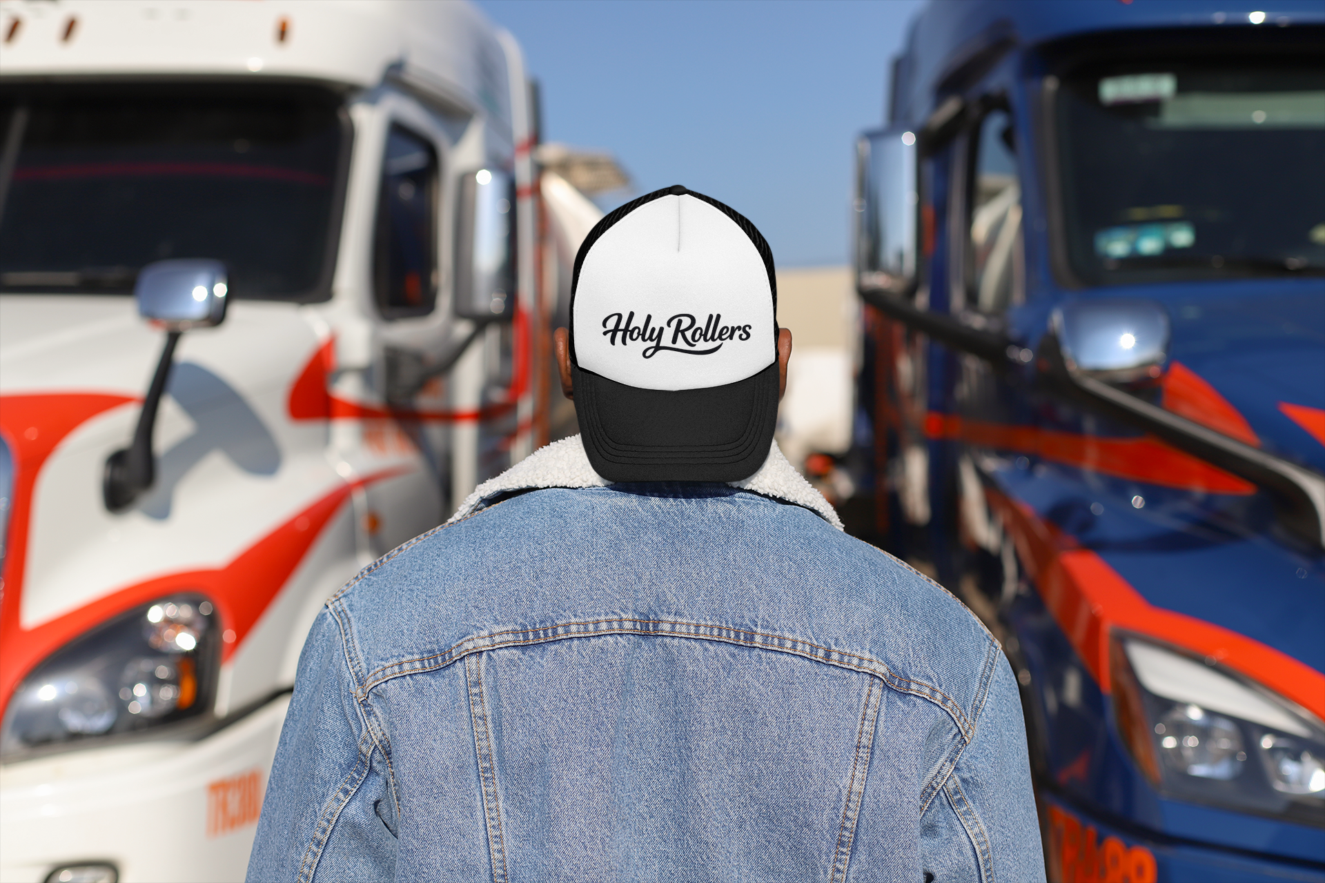 Holy Rollers Christian apparel: Holy Rollers Foam Trucker Hat | Script Logo, Colored Visor & Mesh on White