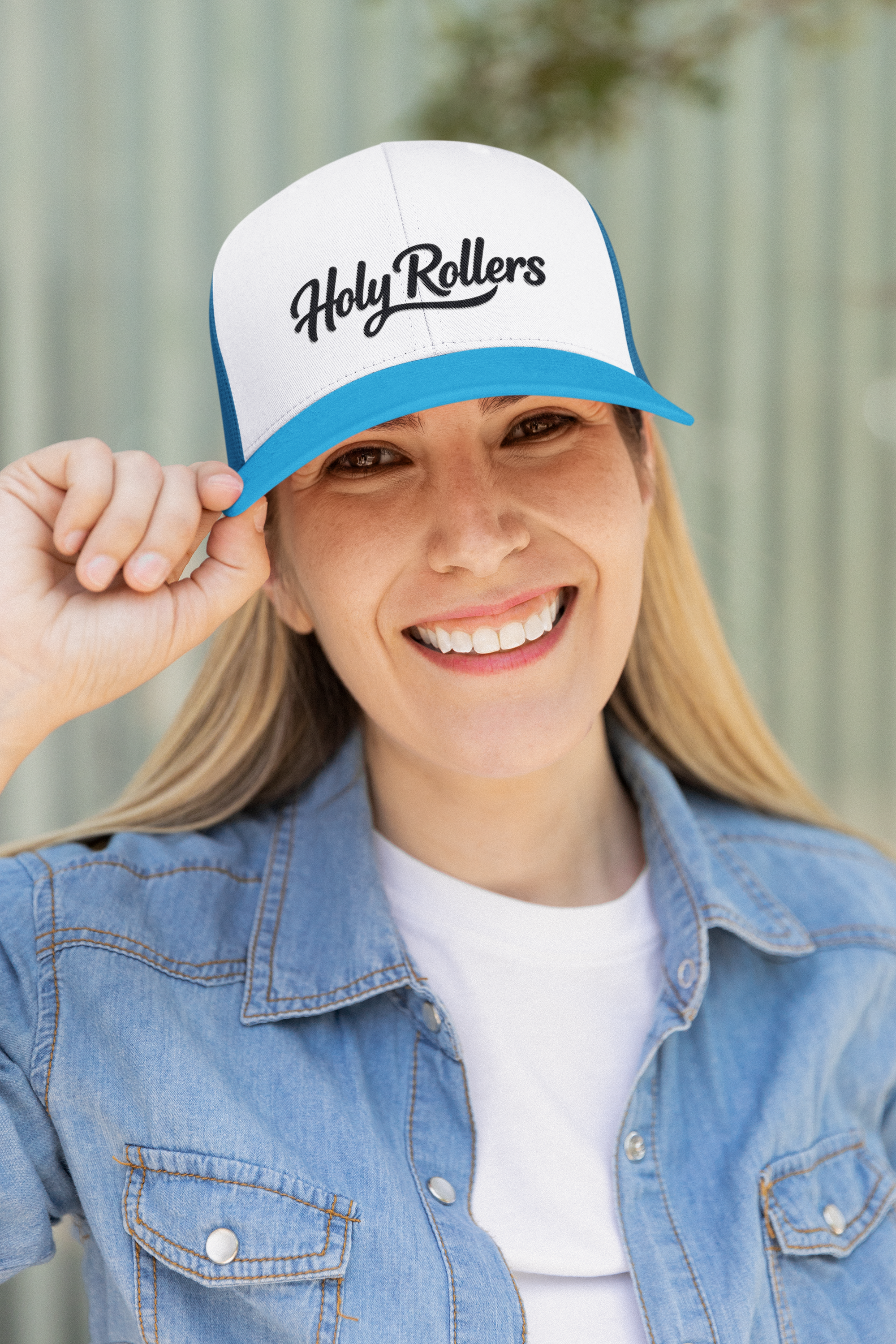 Holy Rollers Christian apparel: Holy Rollers Foam Trucker Hat | Script Logo, Colored Visor & Mesh on White