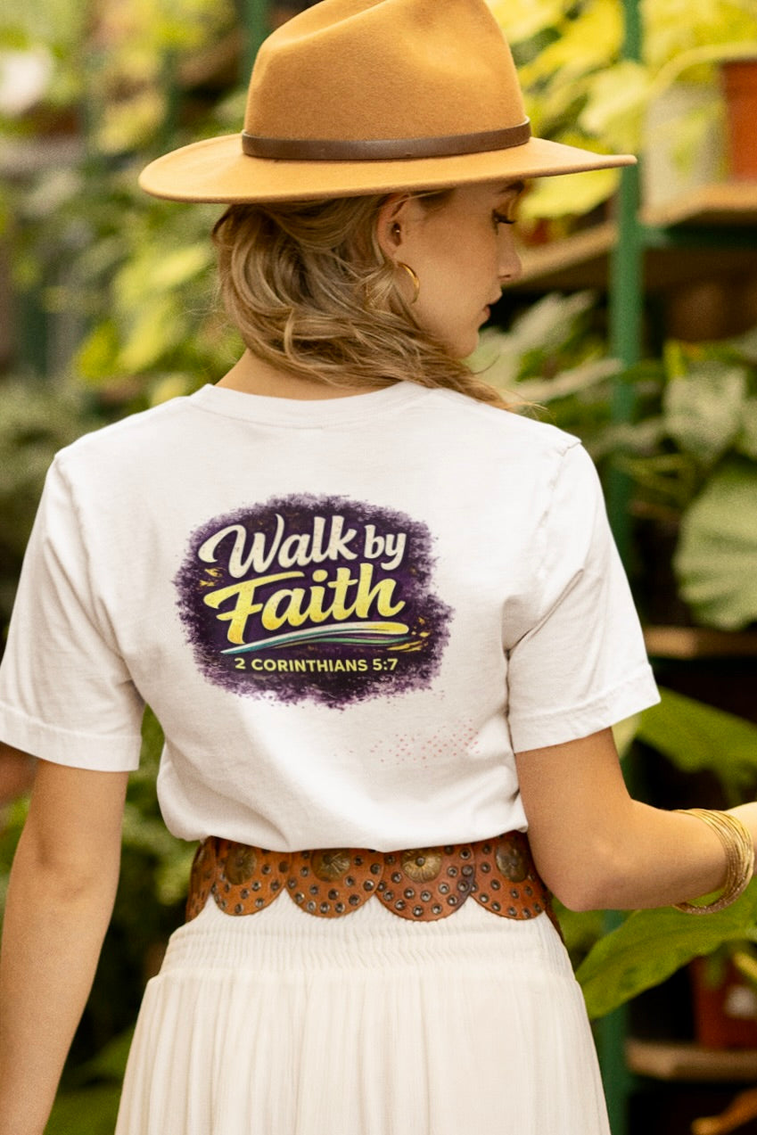 Holy Rollers Christian apparel: Walk by Faith Holy Rollers T-Shirt | Uplifted Confident Joyful Faith Tee