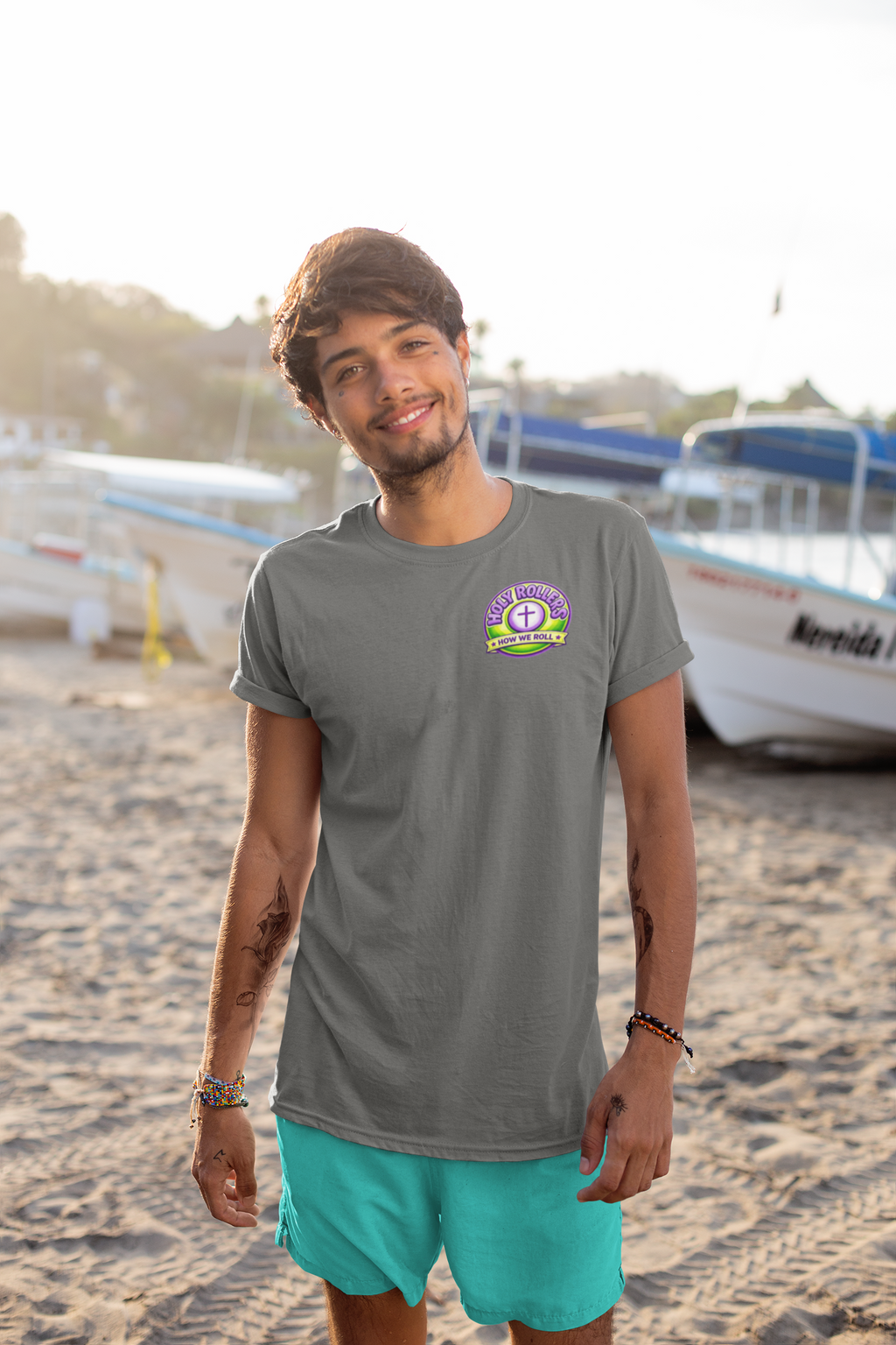 Holy Rollers Christian apparel thumbnail: Walk by Faith Holy Rollers T-Shirt | Uplifted Confident Joyful Faith Tee