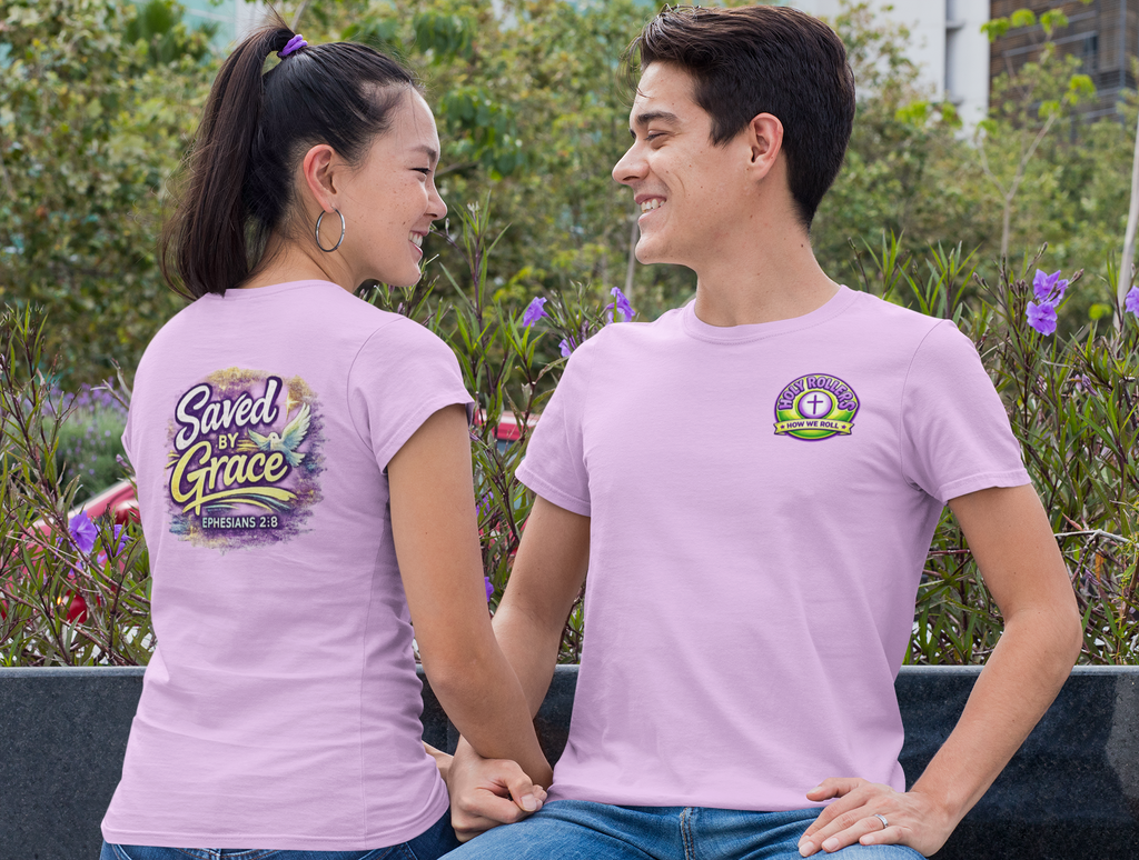 Holy Rollers Christian apparel thumbnail: Holy Rollers Saved by Grace faith tee | Colorful Uplifting Gospel T-shirt