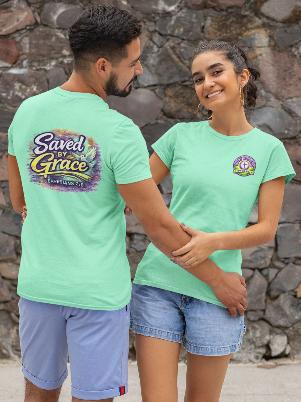 Holy Rollers Christian apparel thumbnail: Holy Rollers Saved by Grace faith tee | Colorful Uplifting Gospel T-shirt