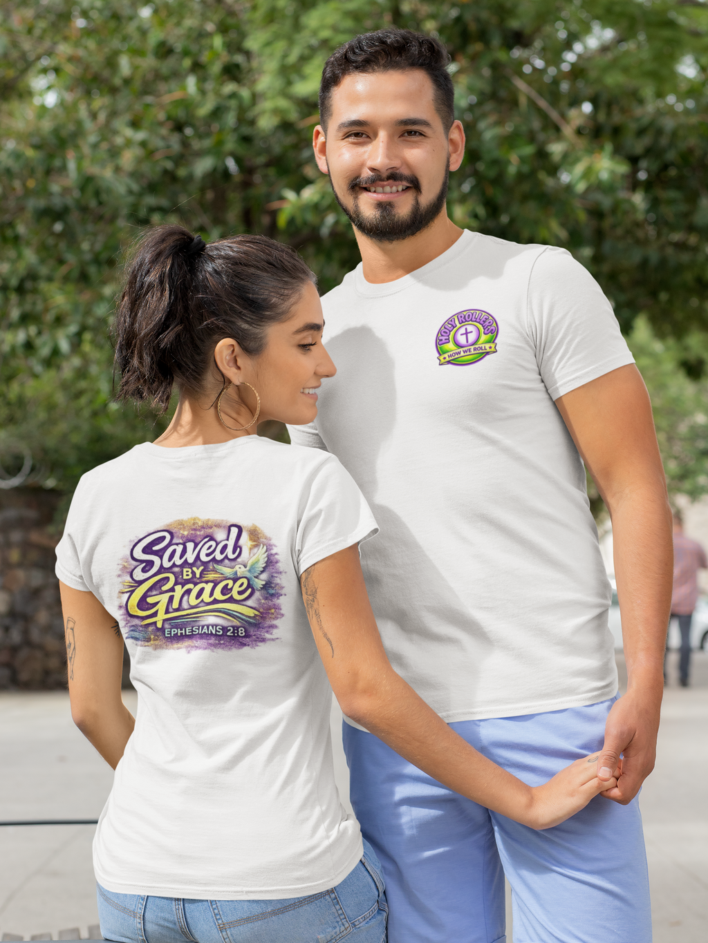 Holy Rollers Christian apparel thumbnail: Holy Rollers Saved by Grace faith tee | Colorful Uplifting Gospel T-shirt