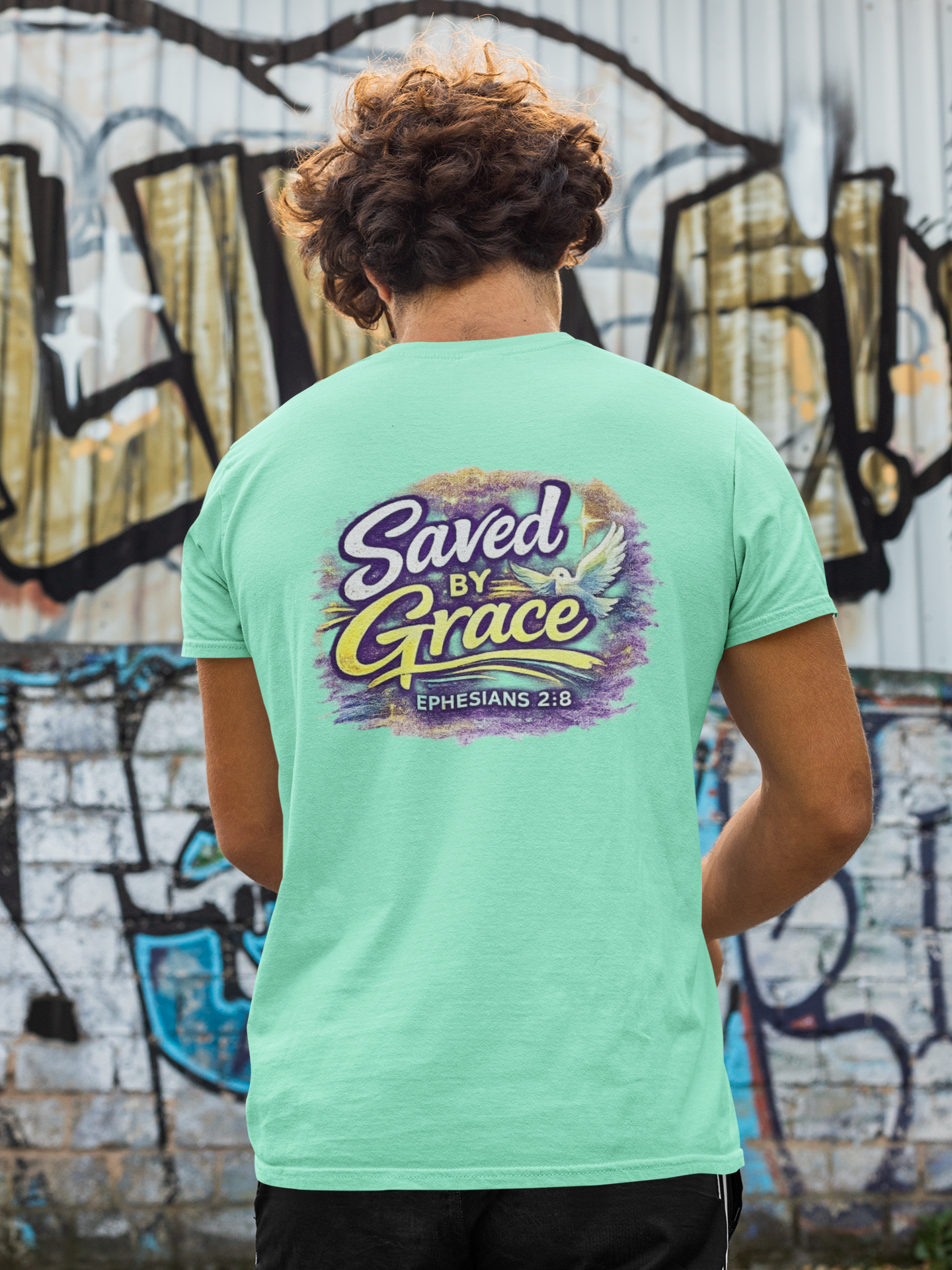 Holy Rollers Christian apparel: Holy Rollers Saved by Grace faith tee | Colorful Uplifting Gospel T-shirt