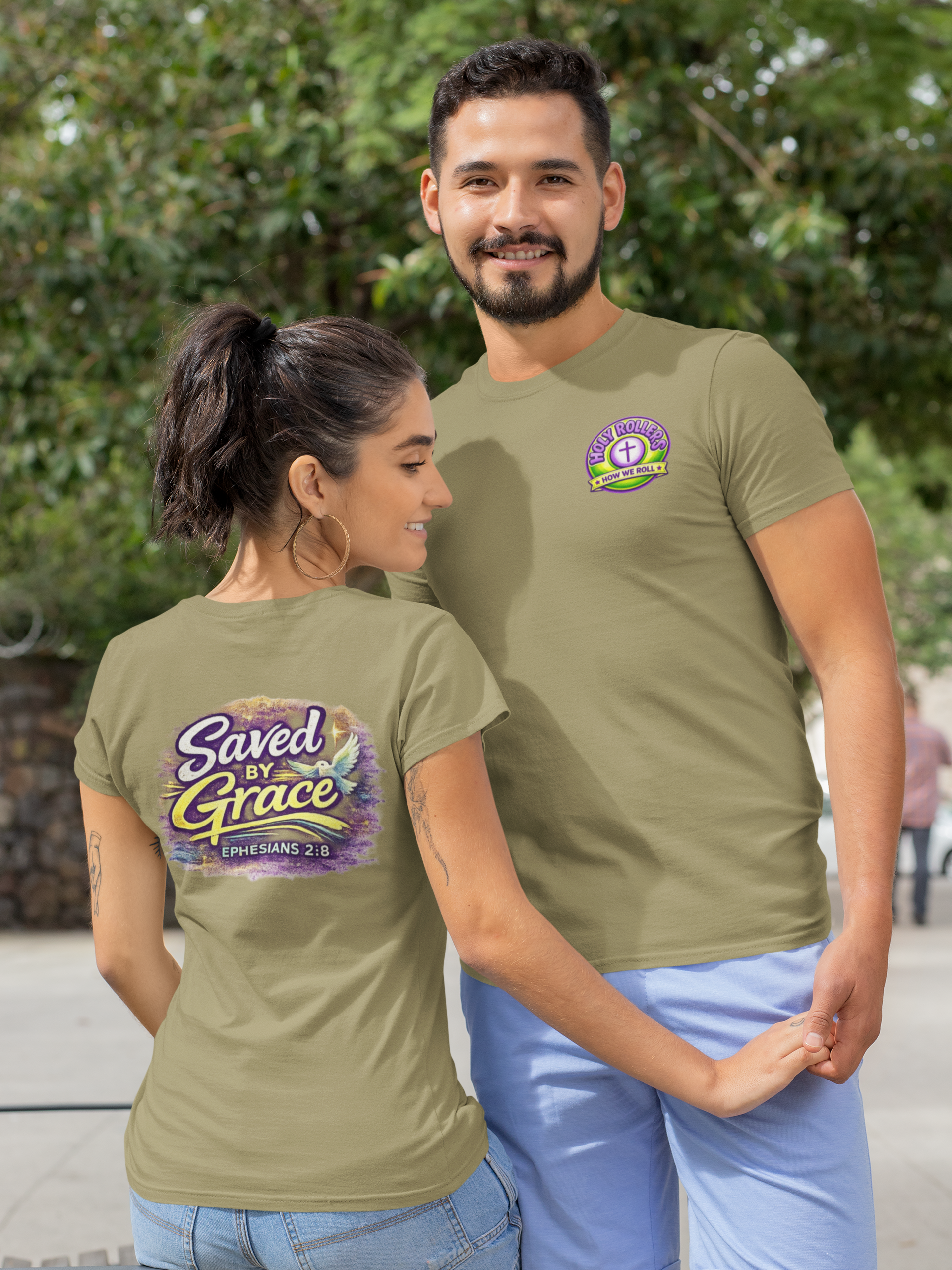 Holy Rollers Christian apparel: Holy Rollers Saved by Grace faith tee | Colorful Uplifting Gospel T-shirt