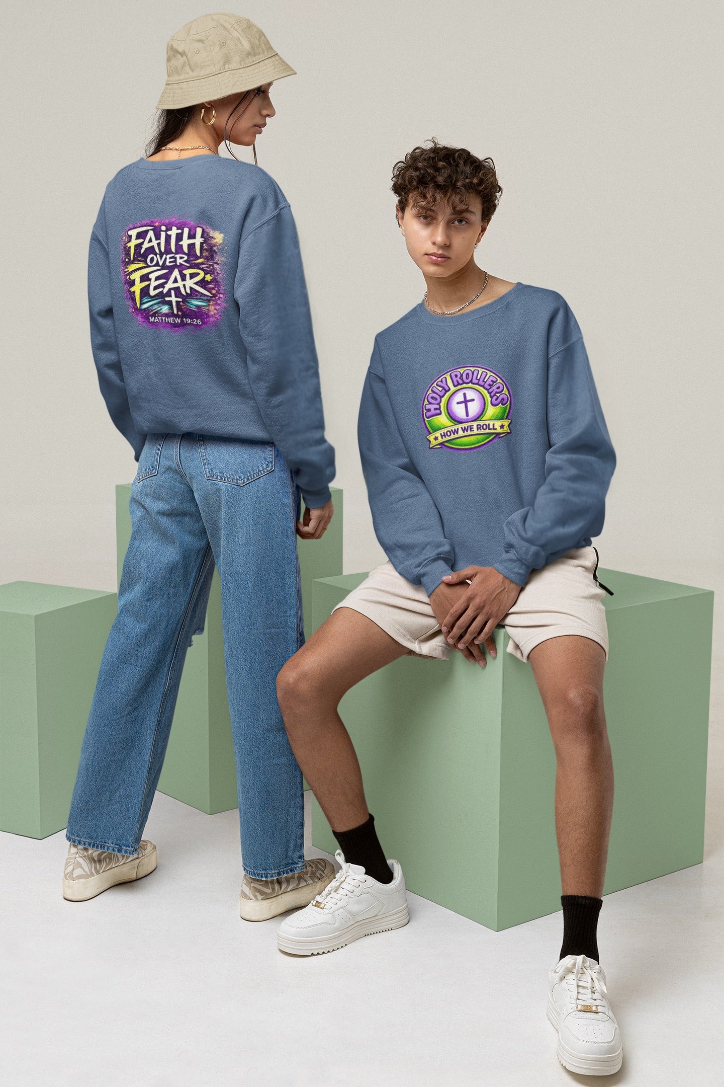 Holy Rollers Christian apparel: Holy Rollers Cross logo sweatshirt | Faith Over Fear graphic sweatshirt