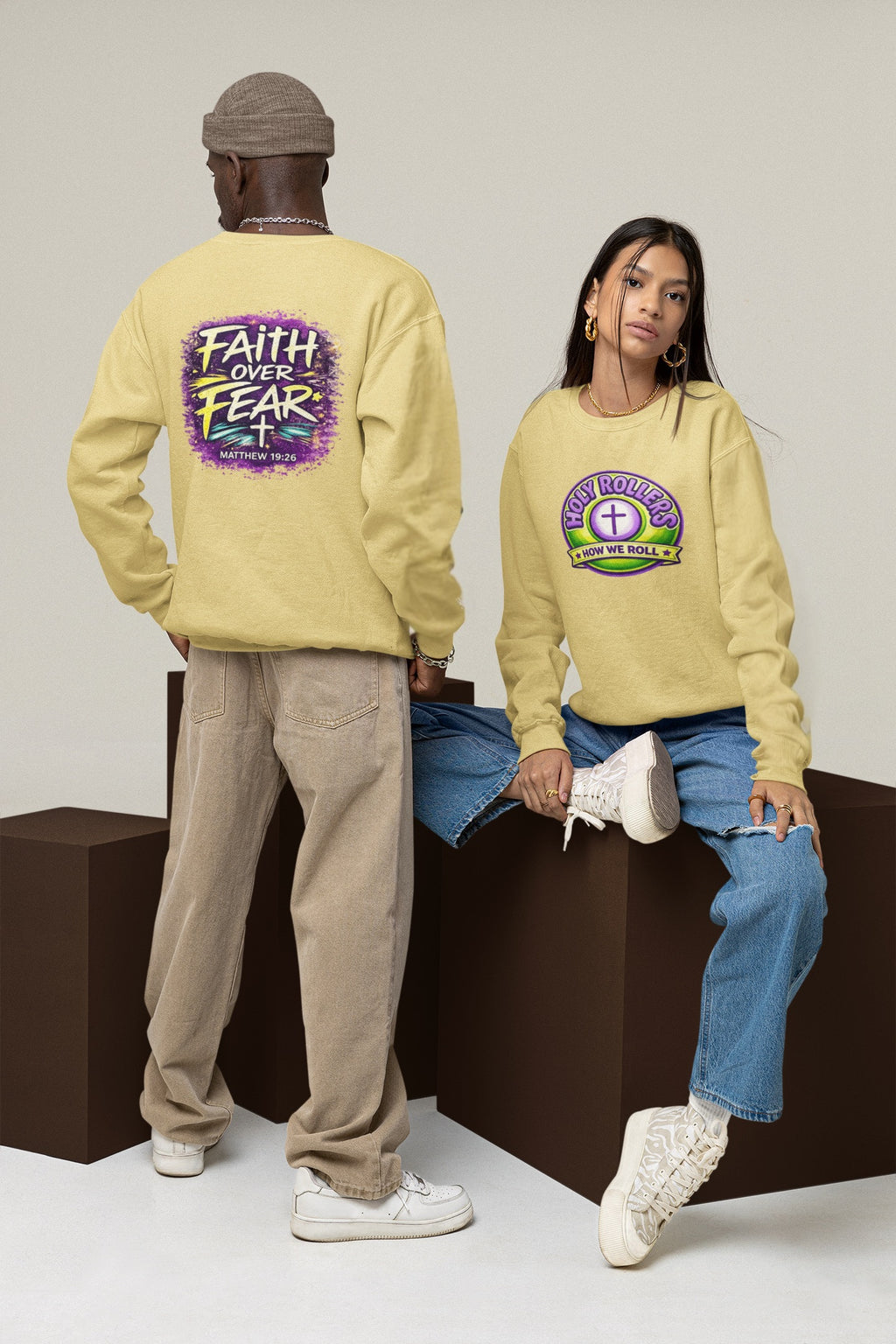 Holy Rollers Christian apparel thumbnail: Holy Rollers Cross logo sweatshirt | Faith Over Fear graphic sweatshirt