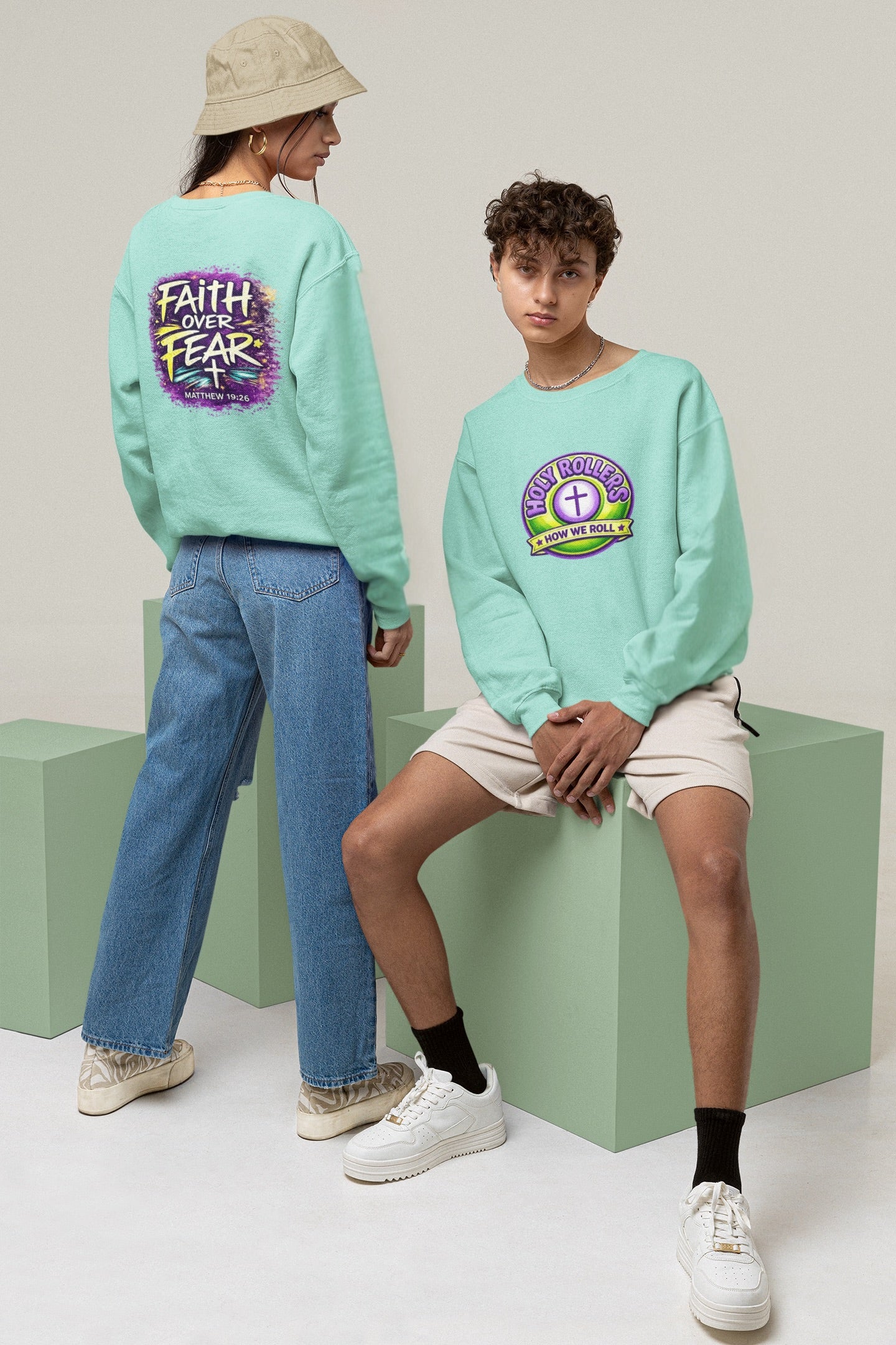 Holy Rollers Christian apparel: Holy Rollers Cross logo sweatshirt | Faith Over Fear graphic sweatshirt