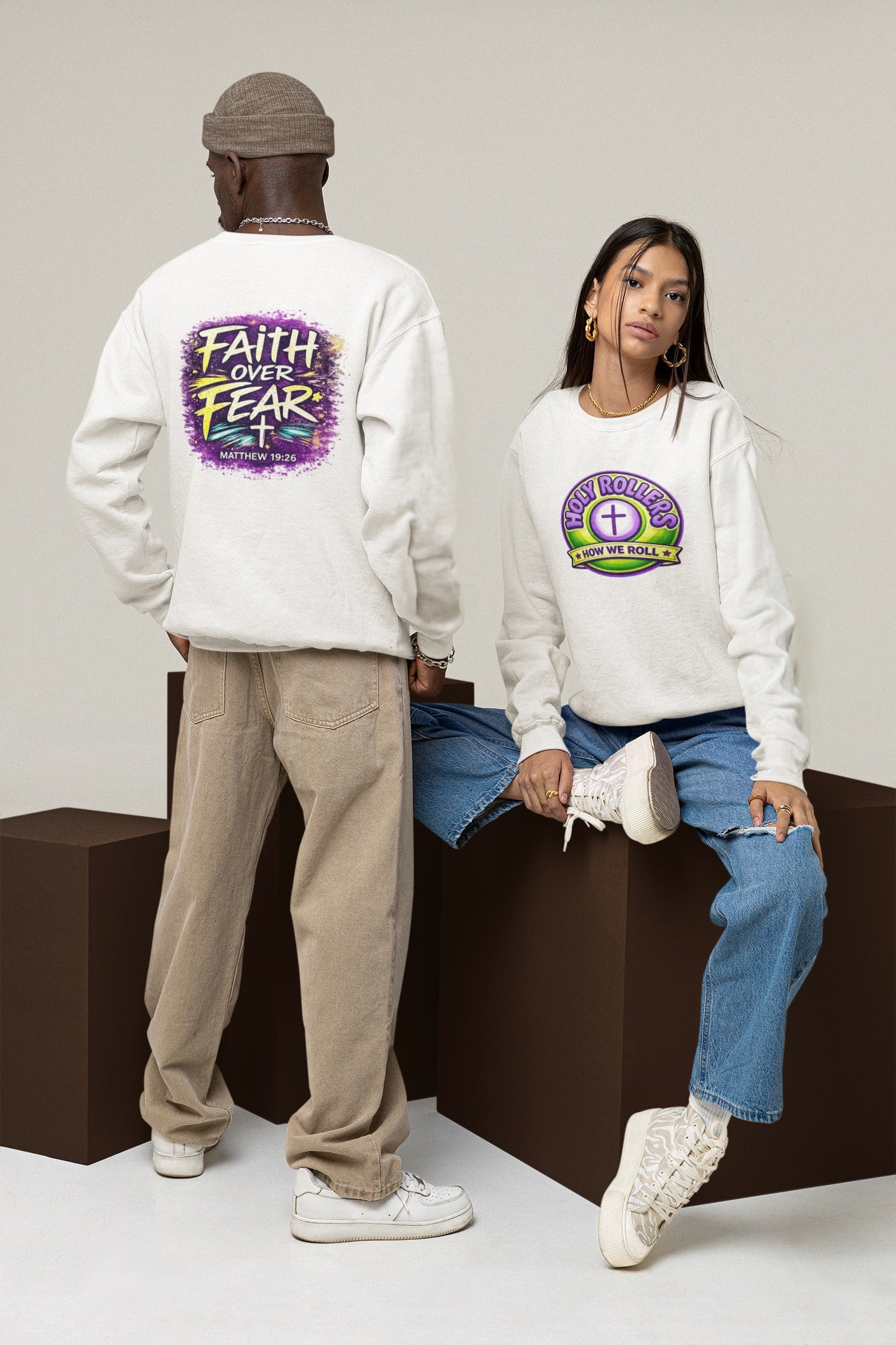 Holy Rollers Christian apparel: Holy Rollers Cross logo sweatshirt | Faith Over Fear graphic sweatshirt