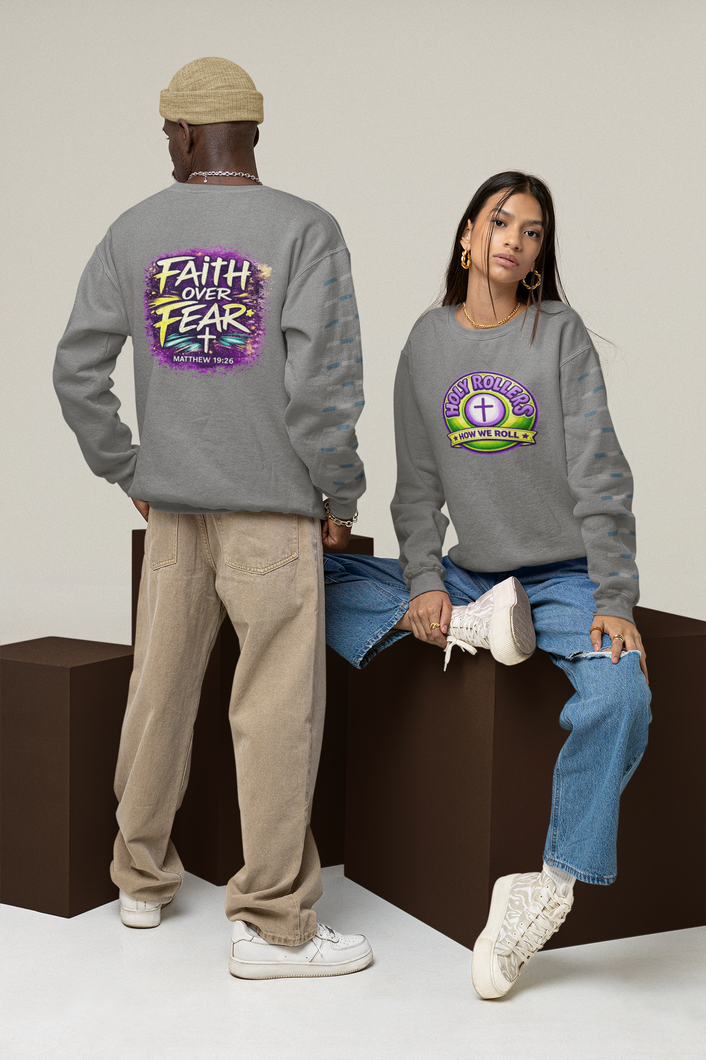 Holy Rollers Christian apparel: Holy Rollers Cross logo sweatshirt | Faith Over Fear graphic sweatshirt