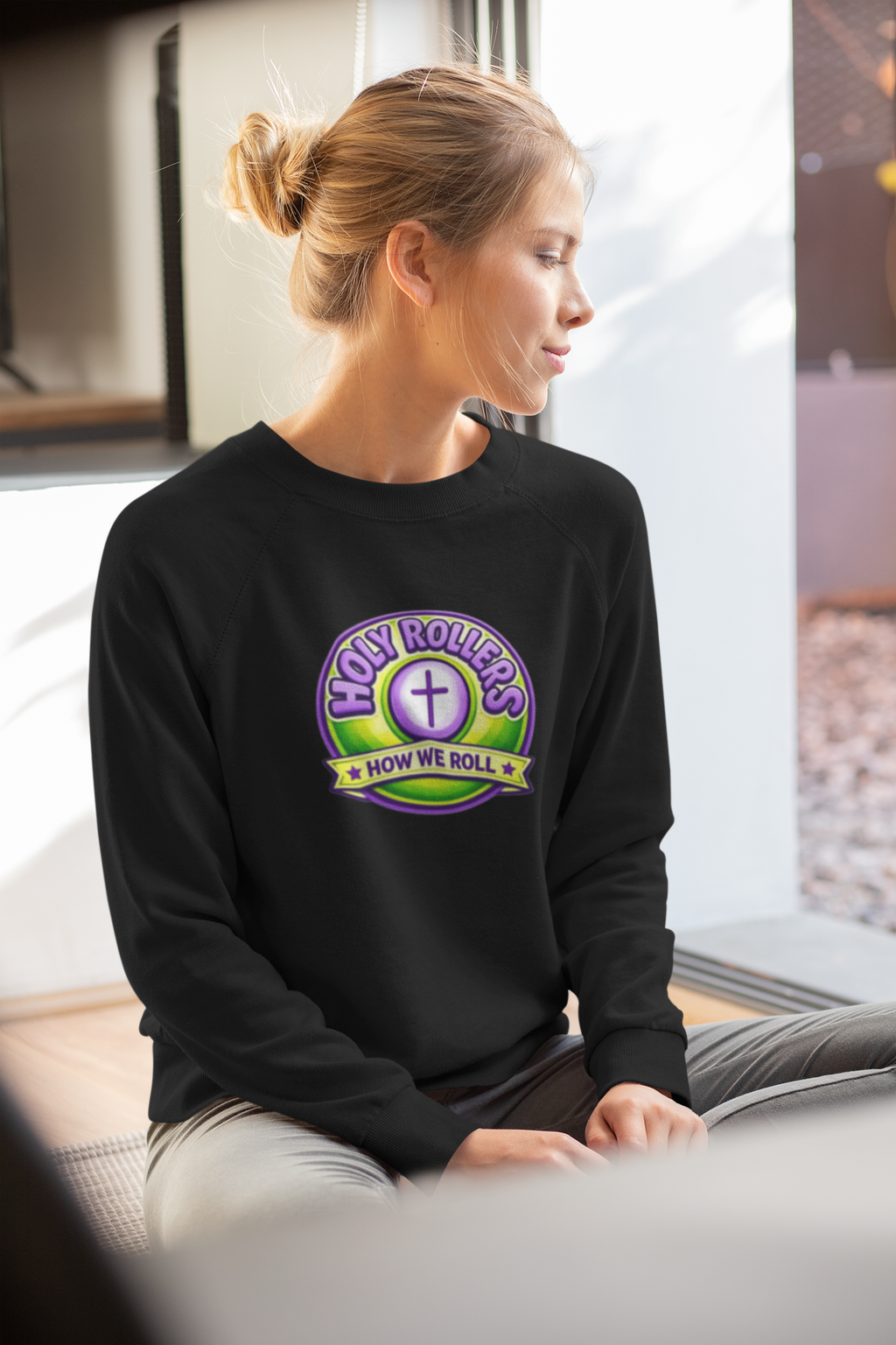 Holy Rollers Christian apparel thumbnail: Holy Rollers How We Roll sweatshirt | Christian faith crewneck