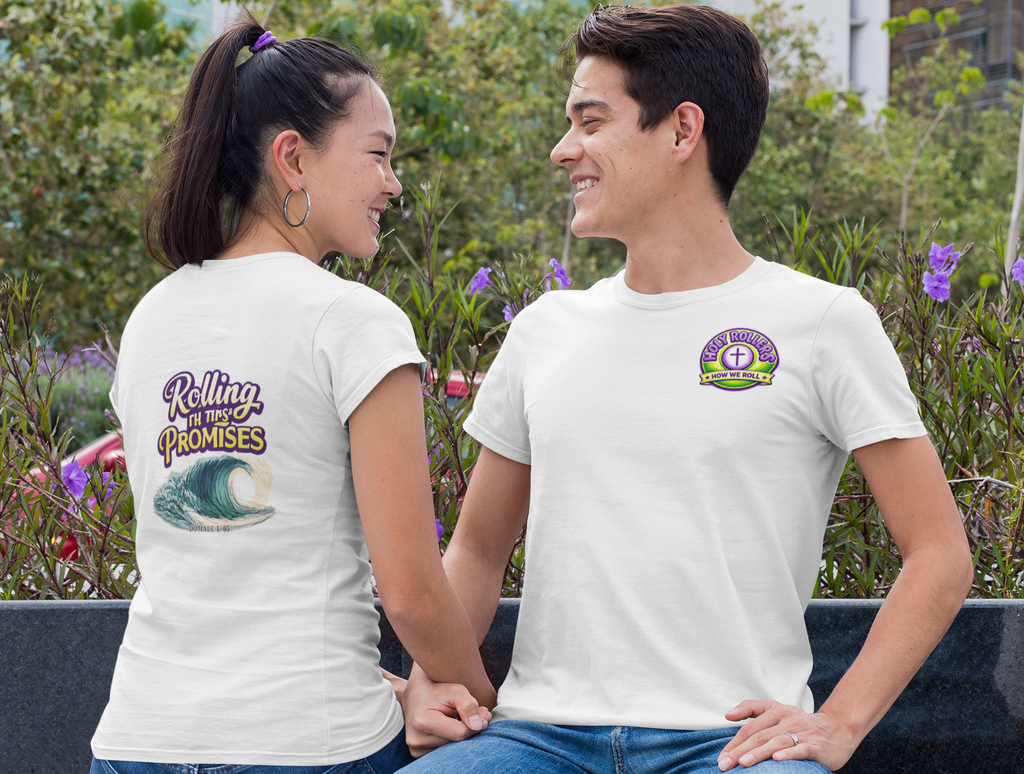 Holy Rollers Christian apparel thumbnail: Rolling in His Promises Holy Rollers T-shirt | Joyful Faith Christian Message