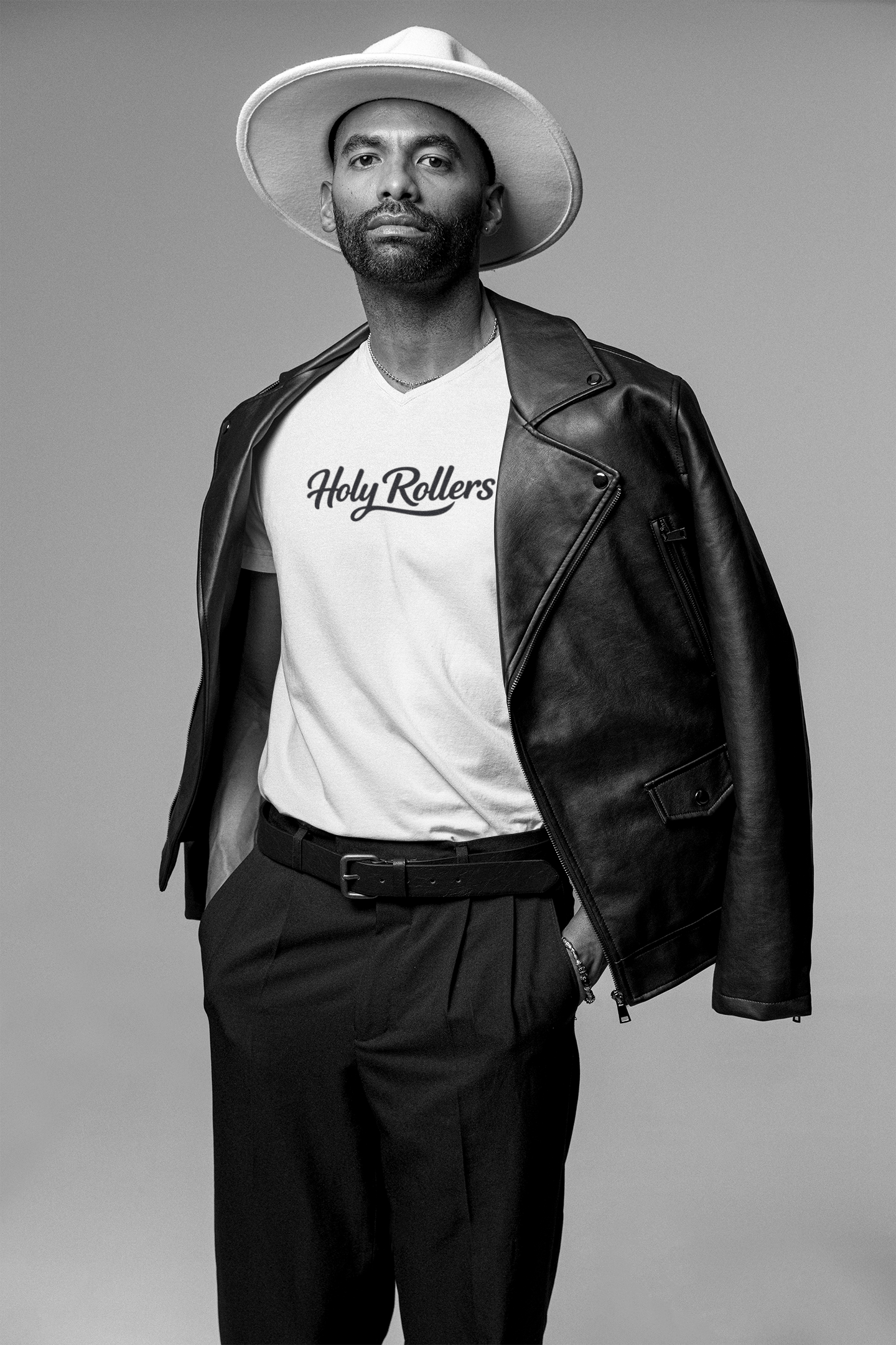 Holy Rollers Christian apparel: Holy Rollers word-logo t-shirt | Holy Rollers How We Roll V-neck