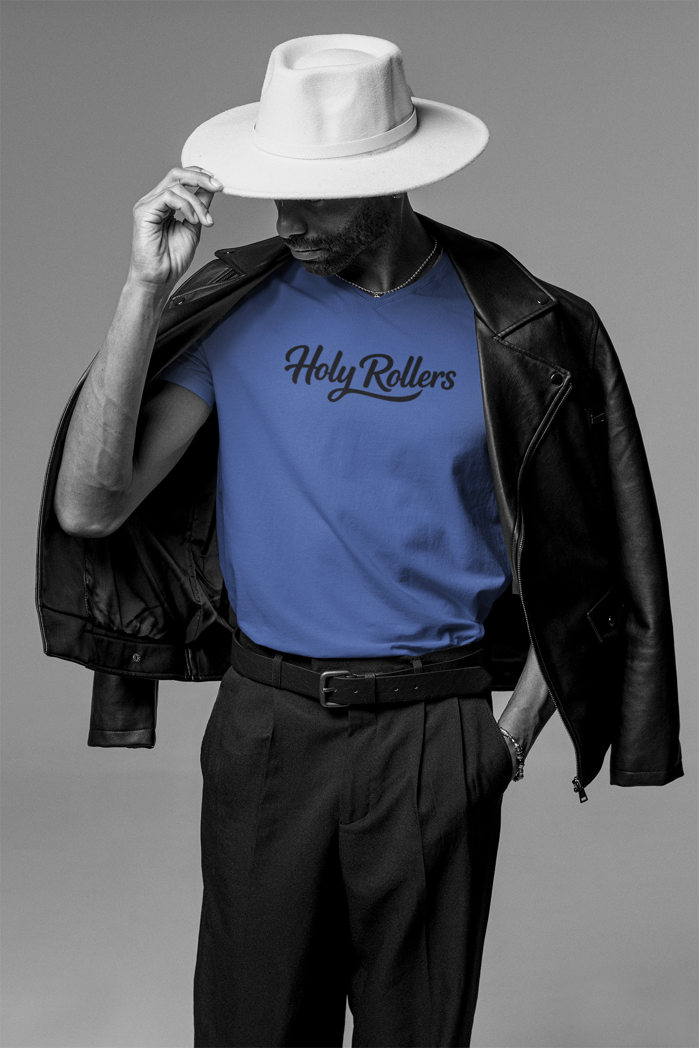 Holy Rollers Christian apparel: Holy Rollers word-logo t-shirt | Holy Rollers How We Roll V-neck