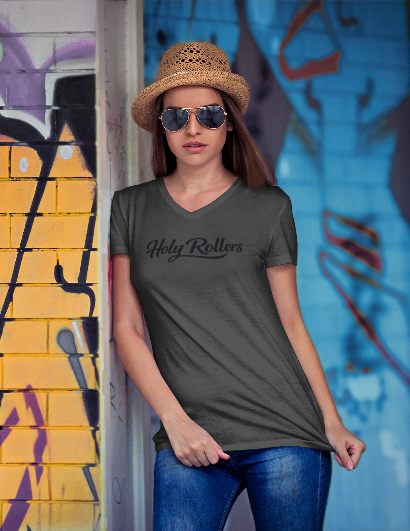 Holy Rollers Christian apparel: Holy Rollers word-logo t-shirt | Holy Rollers How We Roll V-neck