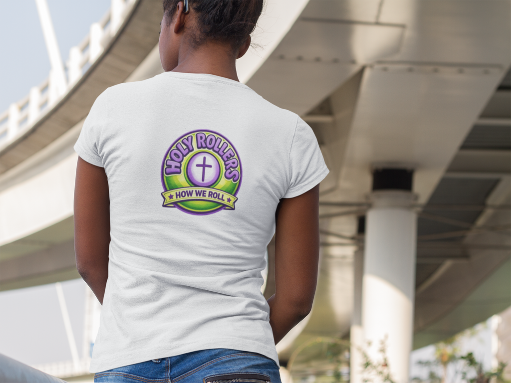 Holy Rollers Christian apparel thumbnail: Holy Rollers word-logo t-shirt | Holy Rollers How We Roll V-neck