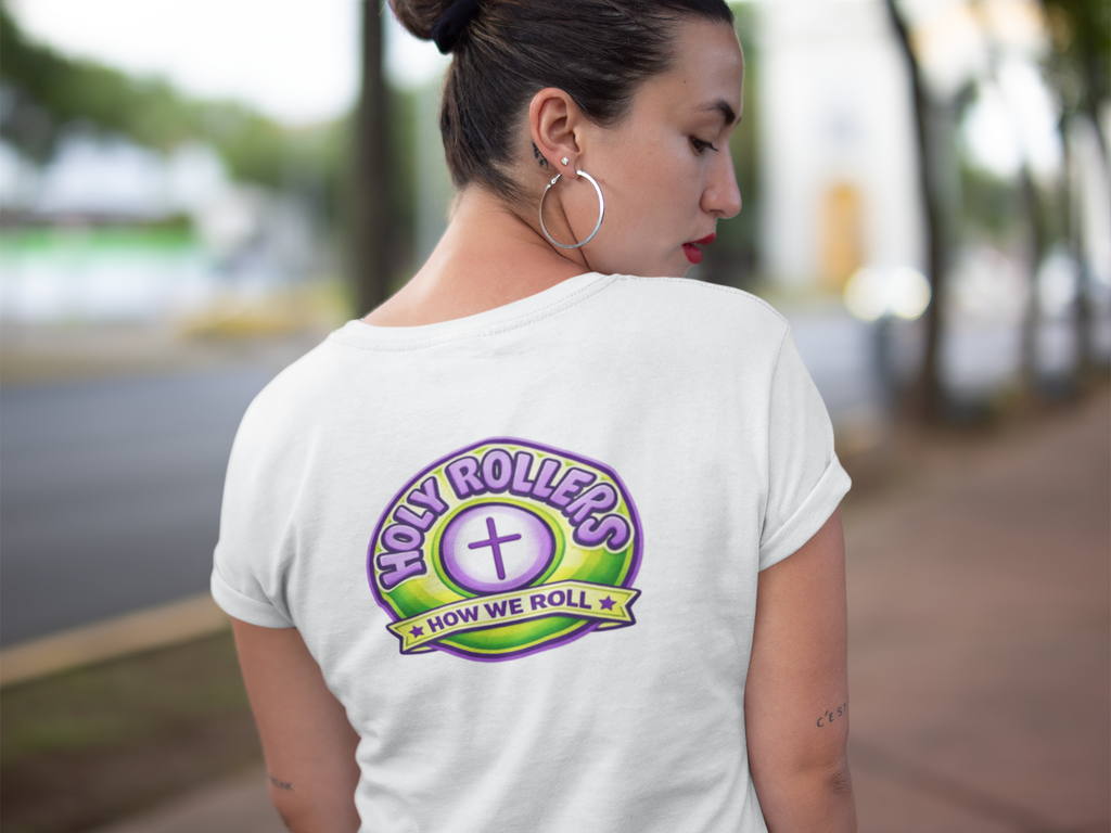 Holy Rollers Christian apparel thumbnail: Holy Rollers word-logo t-shirt | Holy Rollers How We Roll V-neck