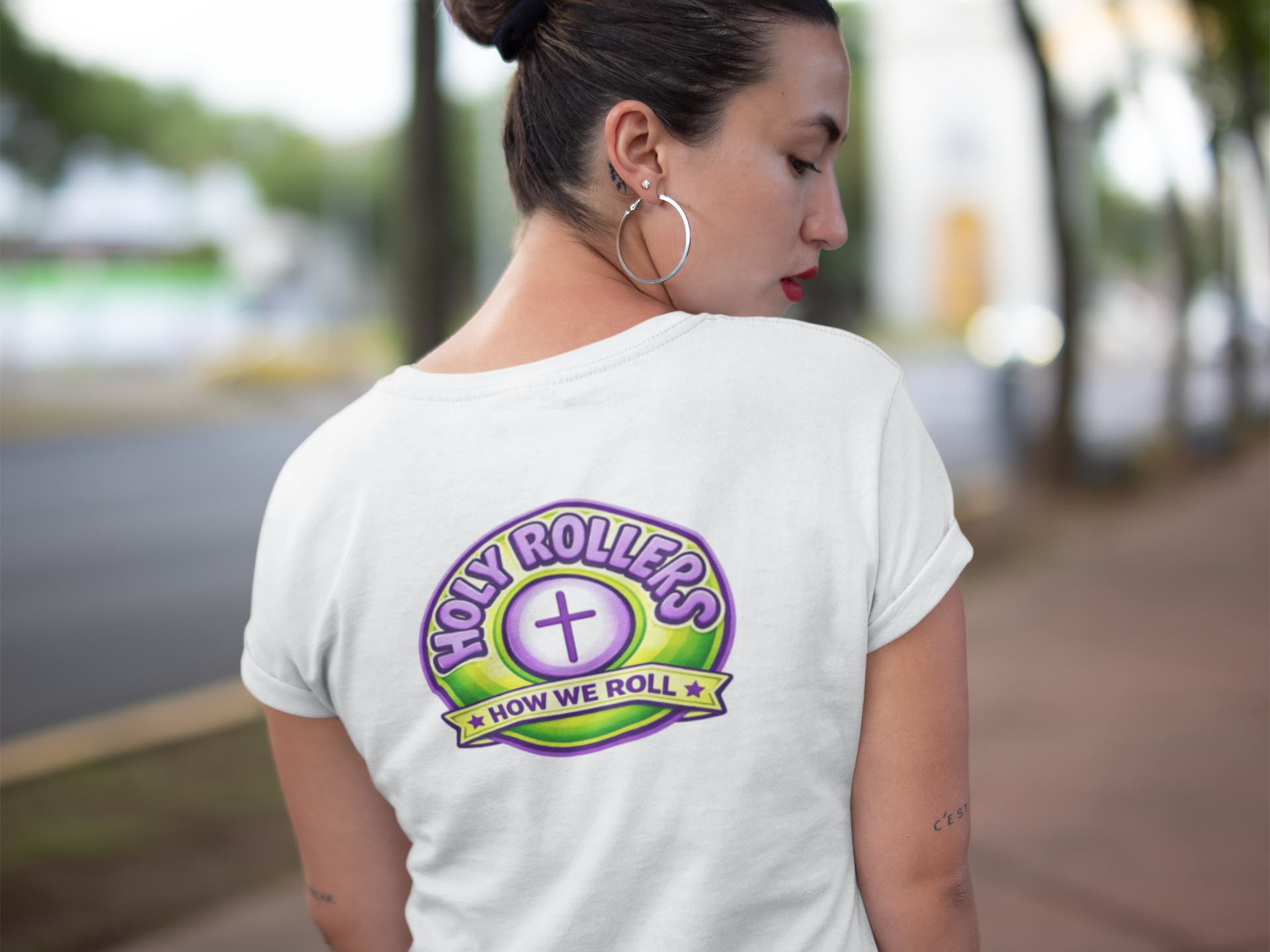 Holy Rollers Christian apparel: Holy Rollers word-logo t-shirt | Holy Rollers How We Roll V-neck
