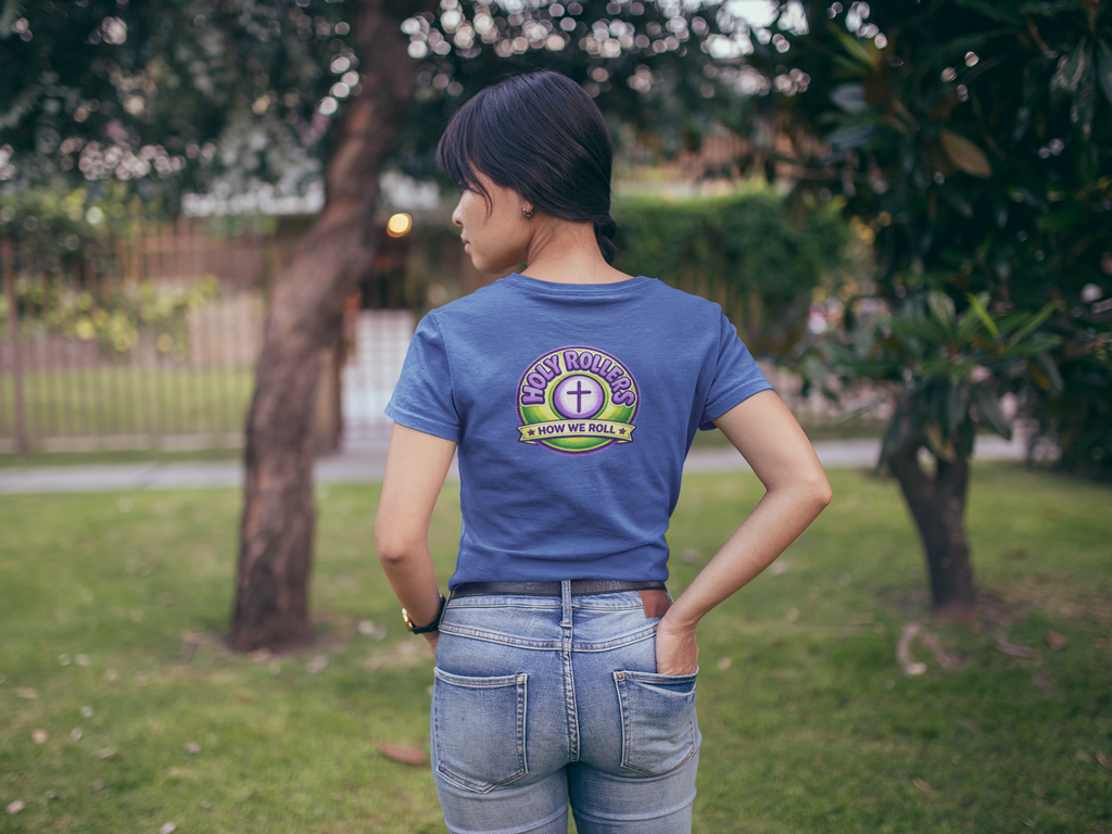 Holy Rollers Christian apparel thumbnail: Holy Rollers word-logo t-shirt | Holy Rollers How We Roll V-neck