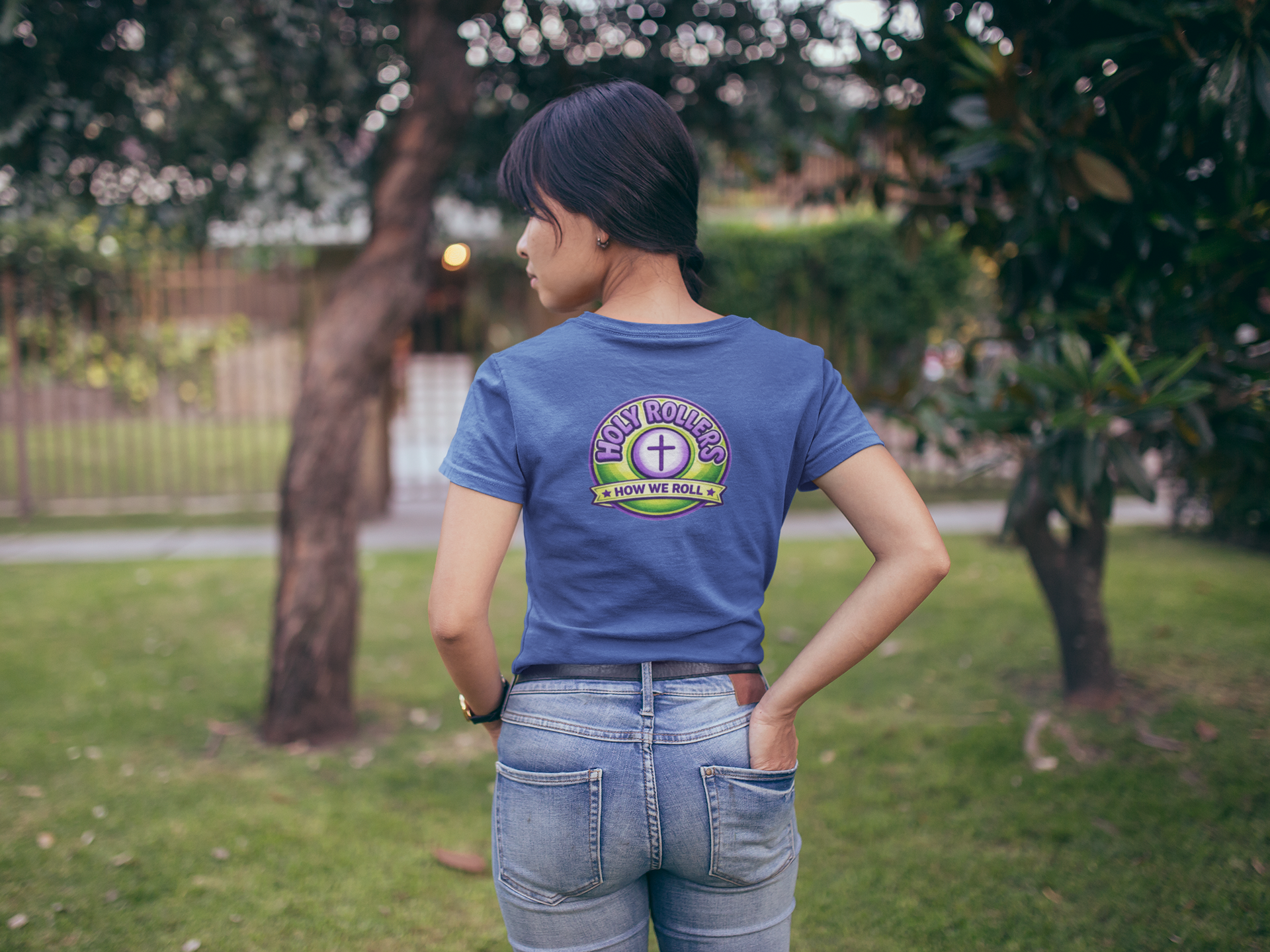 Holy Rollers Christian apparel: Holy Rollers word-logo t-shirt | Holy Rollers How We Roll V-neck