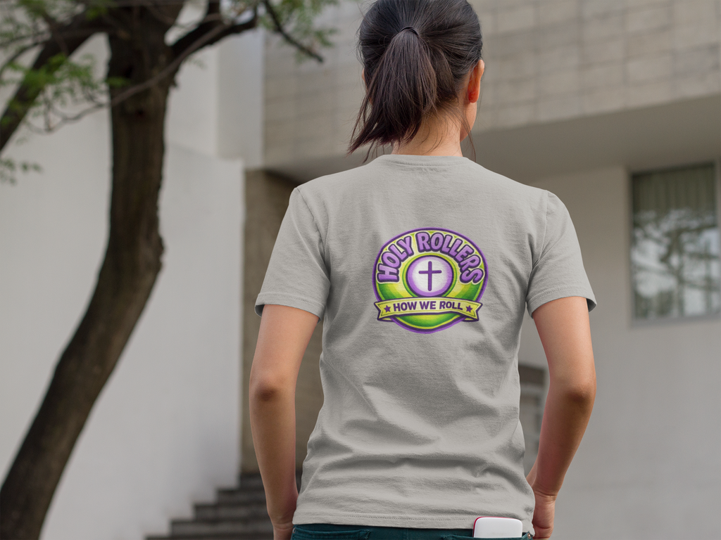Holy Rollers Christian apparel thumbnail: Holy Rollers word-logo t-shirt | Holy Rollers How We Roll V-neck