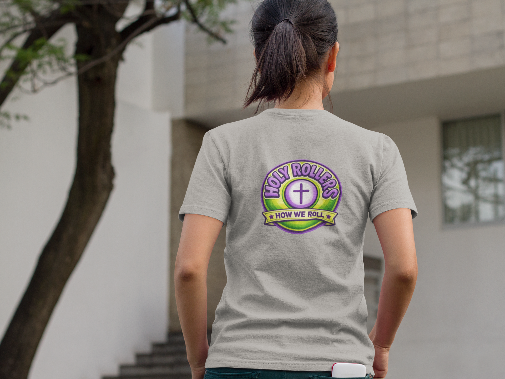 Holy Rollers Christian apparel: Holy Rollers word-logo t-shirt | Holy Rollers How We Roll V-neck
