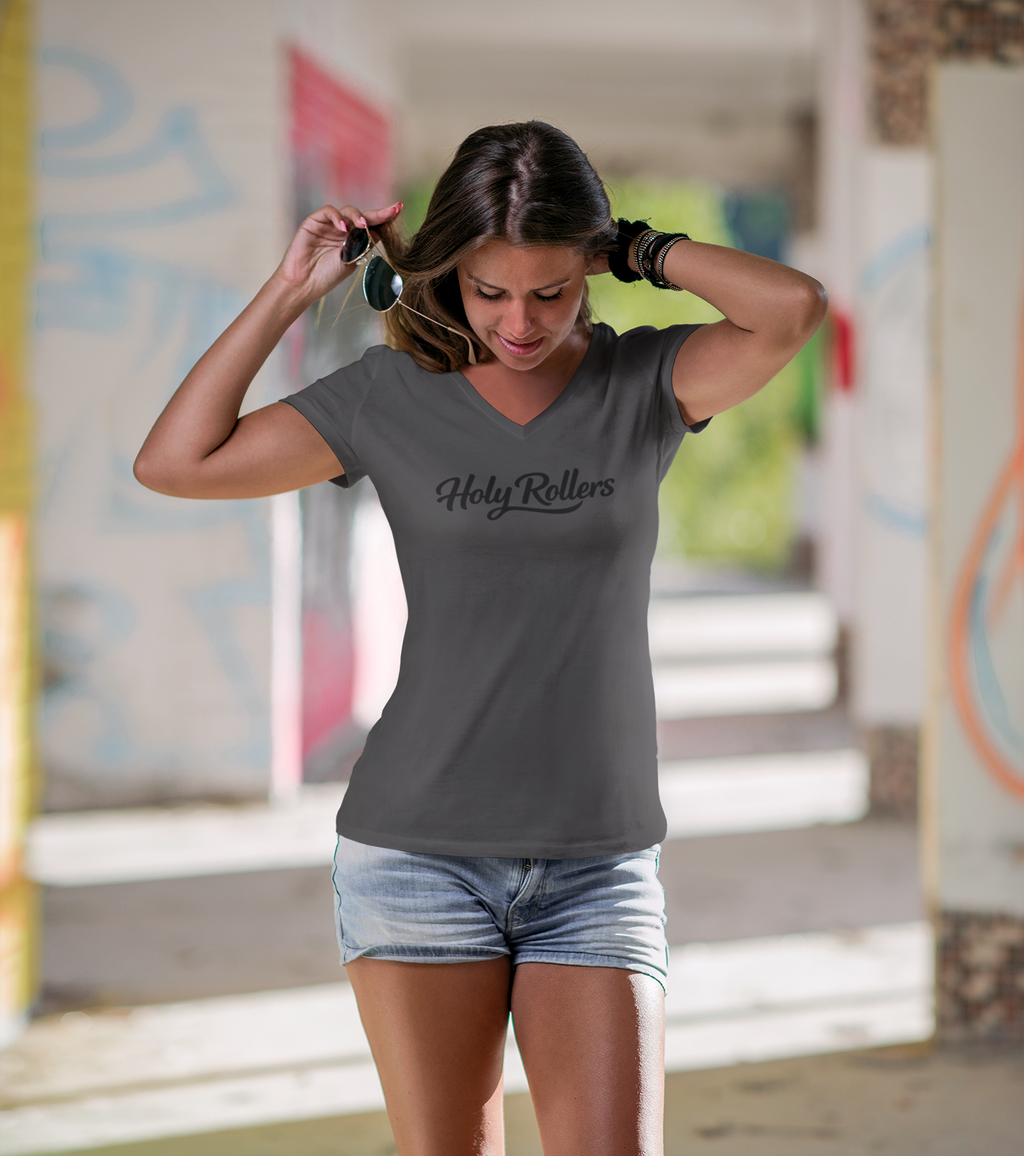 Holy Rollers Christian apparel thumbnail: Holy Rollers word-logo t-shirt | Holy Rollers How We Roll V-neck