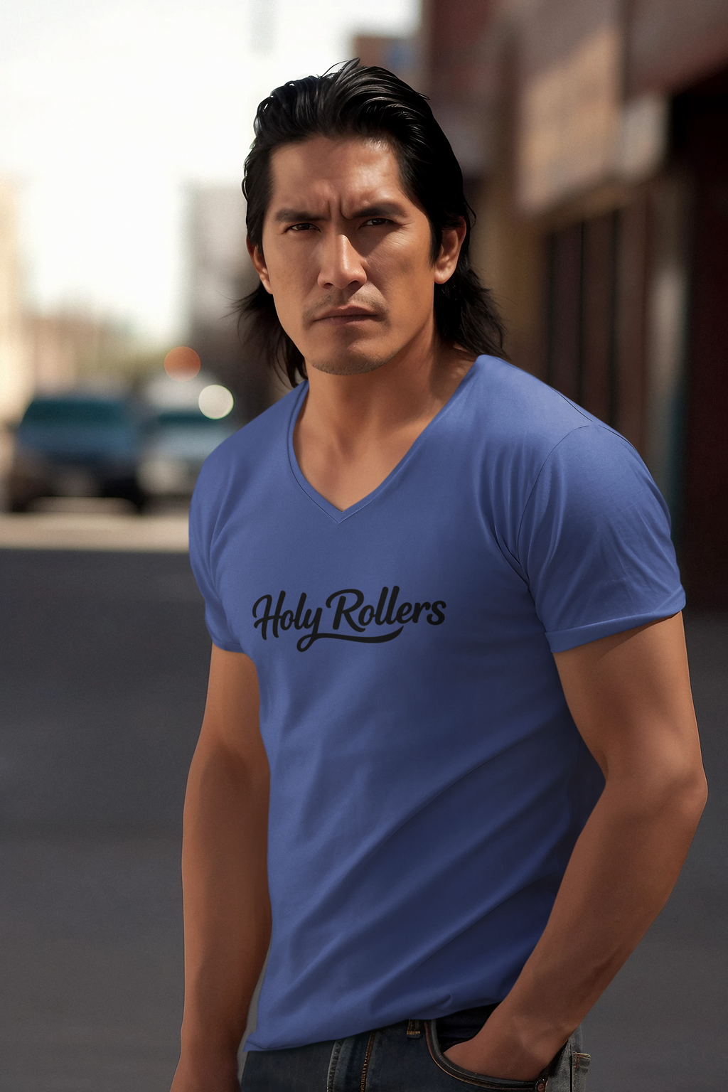 Holy Rollers Christian apparel thumbnail: Holy Rollers word-logo t-shirt | Holy Rollers How We Roll V-neck