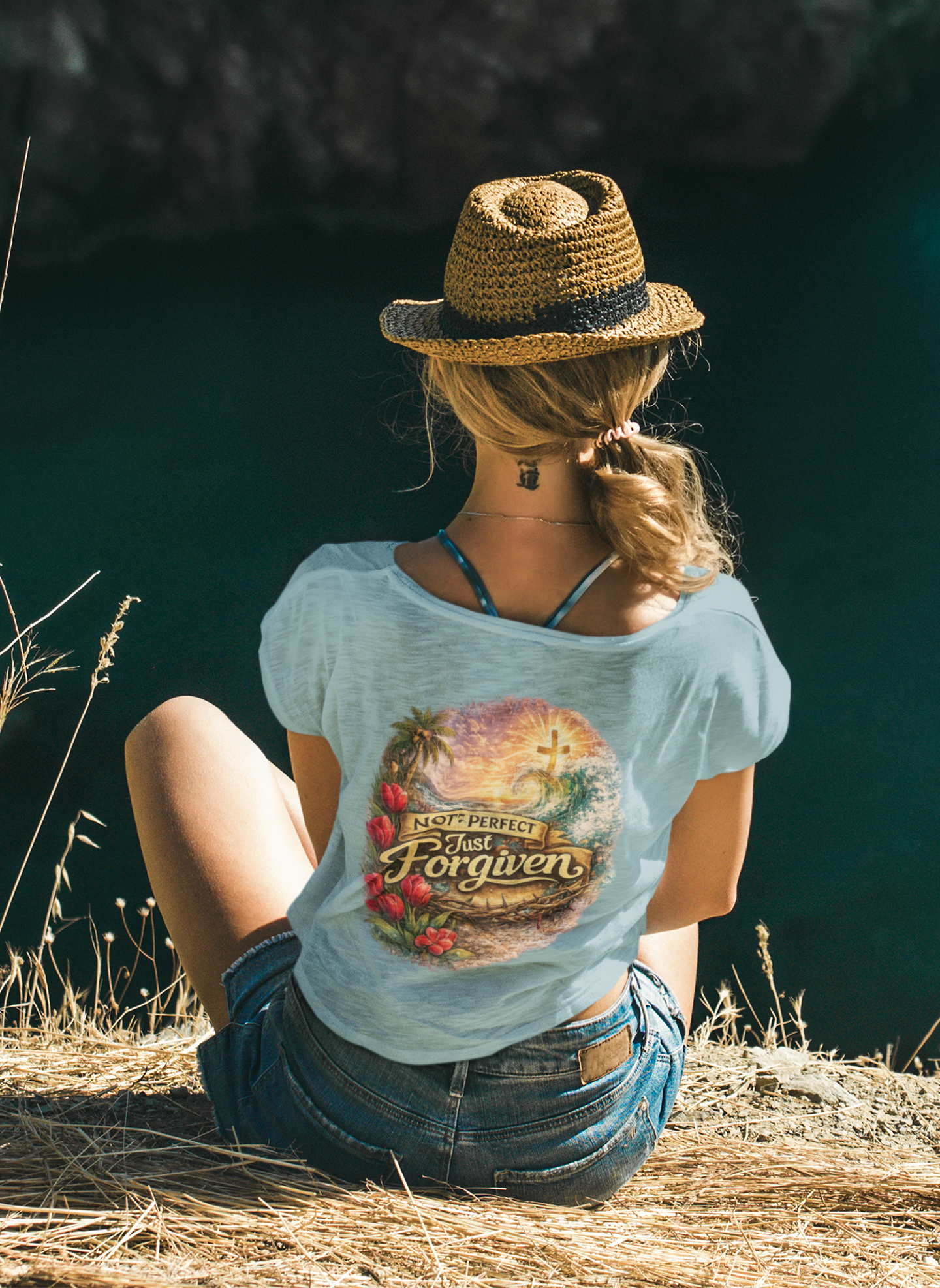 Holy Rollers Christian apparel: Women's Crop Top — "Holy Rollers" Front & "Not Perfect Just Forgiven" Back Christian Festival Tee