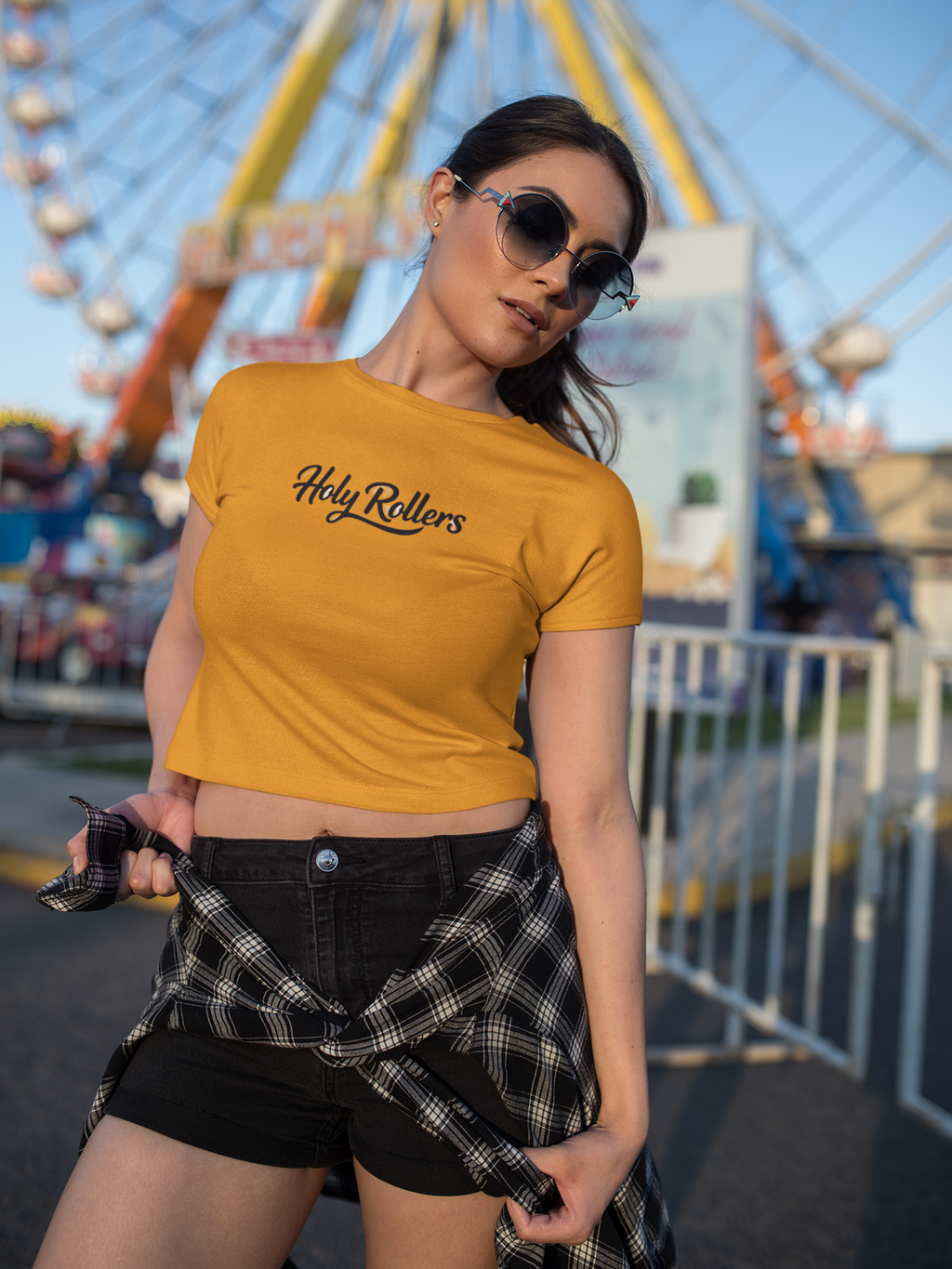 Holy Rollers Christian apparel thumbnail: Women's Crop Top — "Holy Rollers" Front & "Not Perfect Just Forgiven" Back Christian Festival Tee