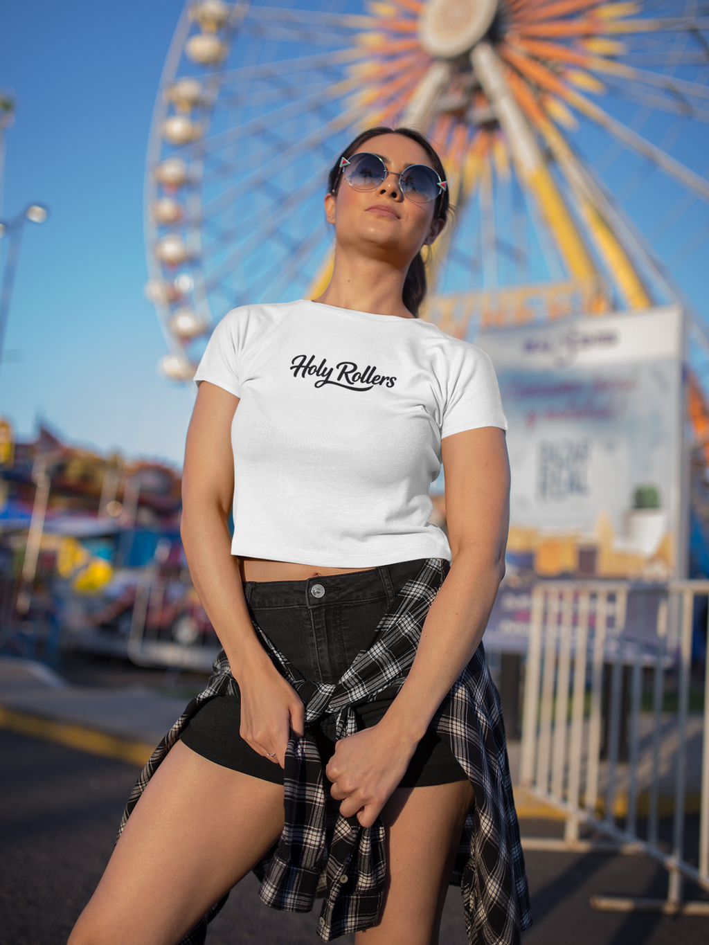 Holy Rollers Christian apparel thumbnail: Women's Crop Top — "Holy Rollers" Front & "Not Perfect Just Forgiven" Back Christian Festival Tee