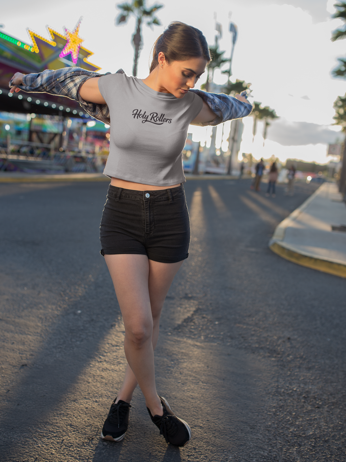Holy Rollers Christian apparel: Women's Crop Top — "Holy Rollers" Front & "Not Perfect Just Forgiven" Back Christian Festival Tee