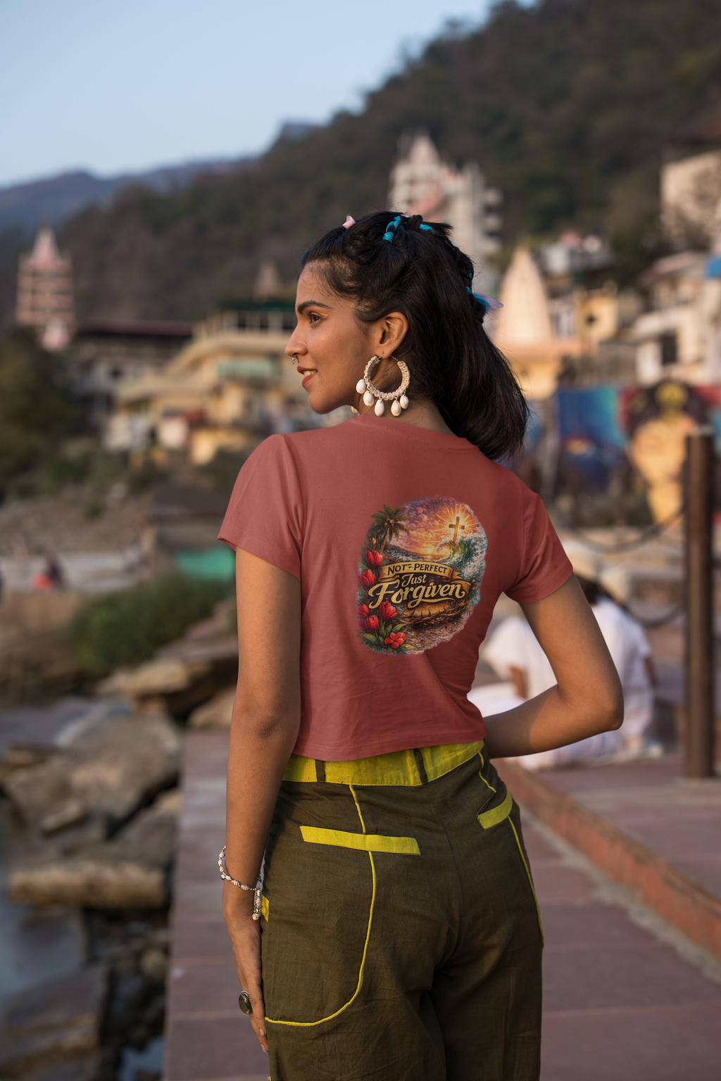 Holy Rollers Christian apparel thumbnail: Women's Crop Top — "Holy Rollers" Front & "Not Perfect Just Forgiven" Back Christian Festival Tee