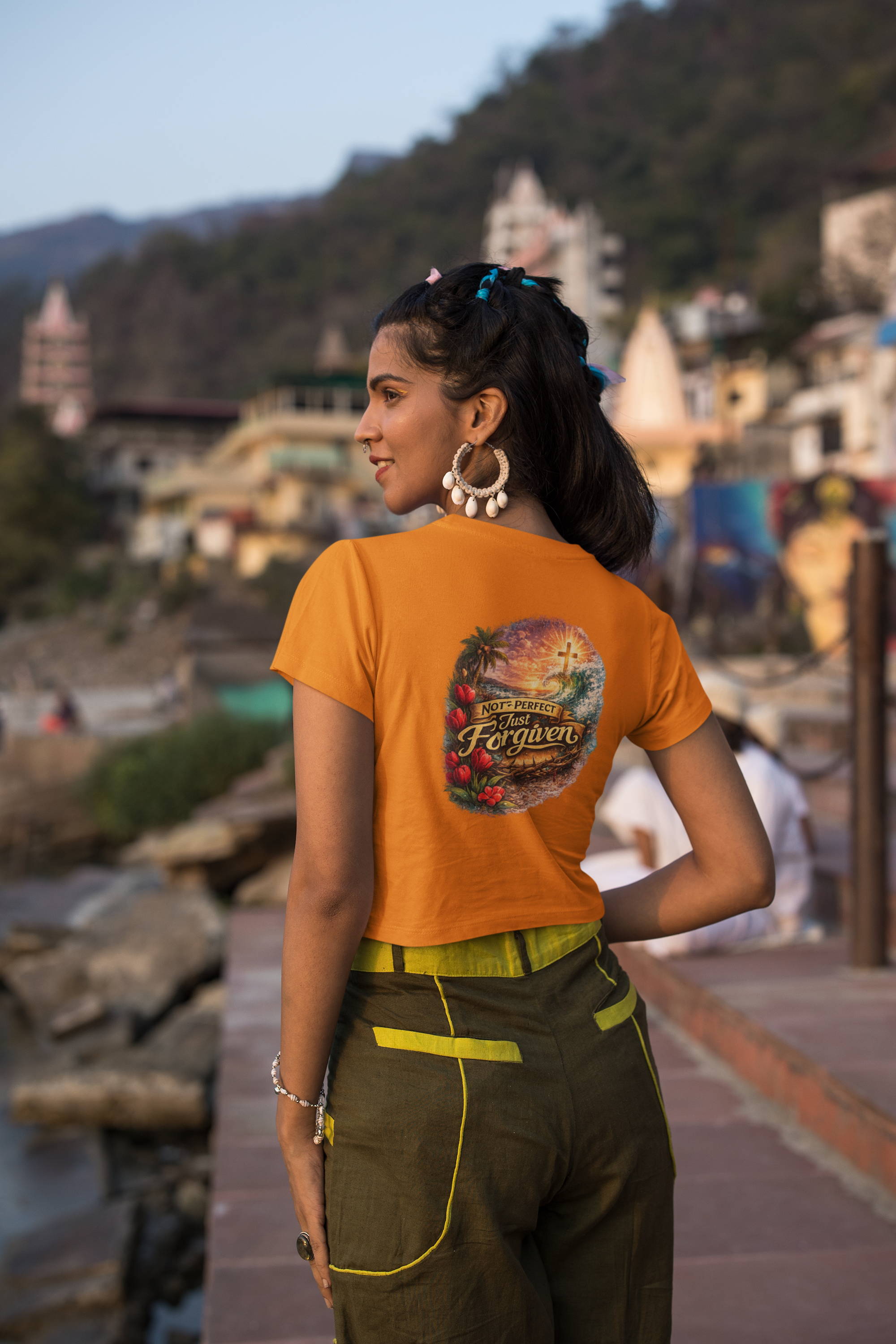 Holy Rollers Christian apparel: Women's Crop Top — "Holy Rollers" Front & "Not Perfect Just Forgiven" Back Christian Festival Tee