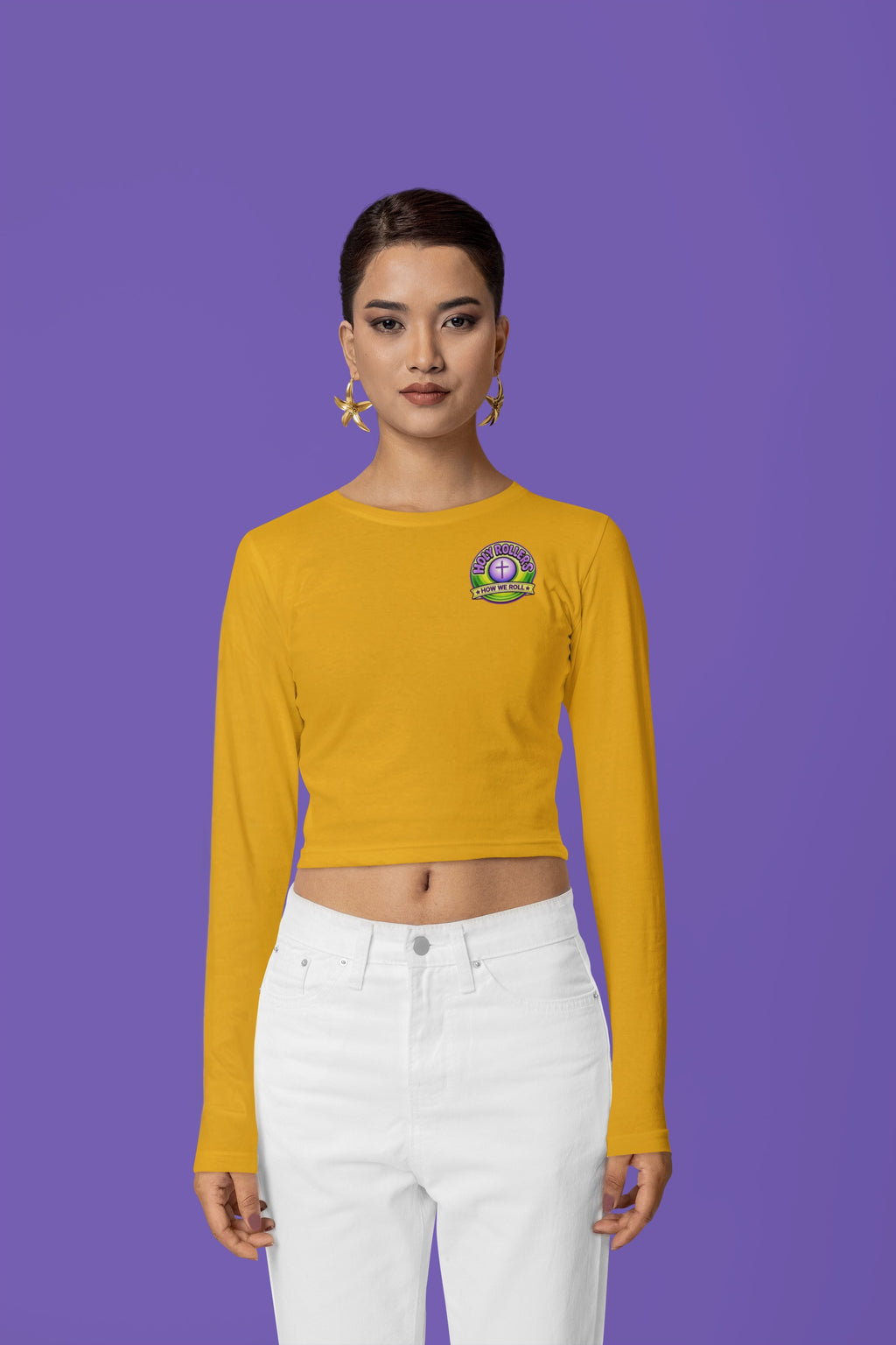Holy Rollers Christian apparel thumbnail: Crop Long Sleeve Tee — Women's FWD Fashion Crop Top with Small Chest Logo