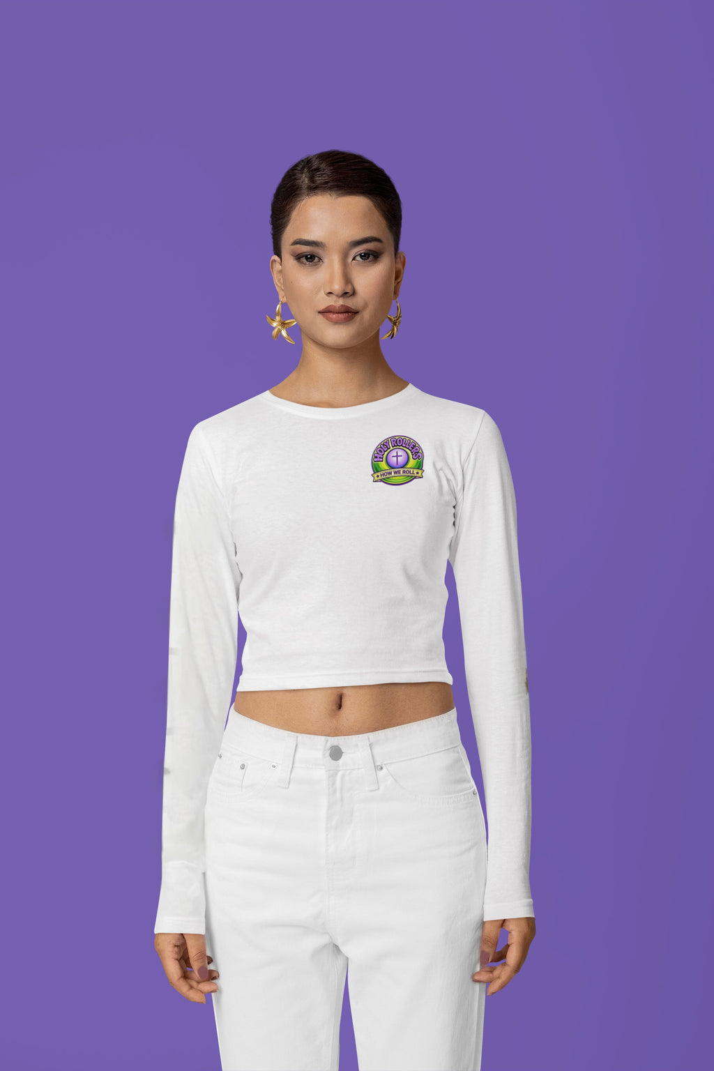 Holy Rollers Christian apparel thumbnail: Crop Long Sleeve Tee — Women's FWD Fashion Crop Top with Small Chest Logo