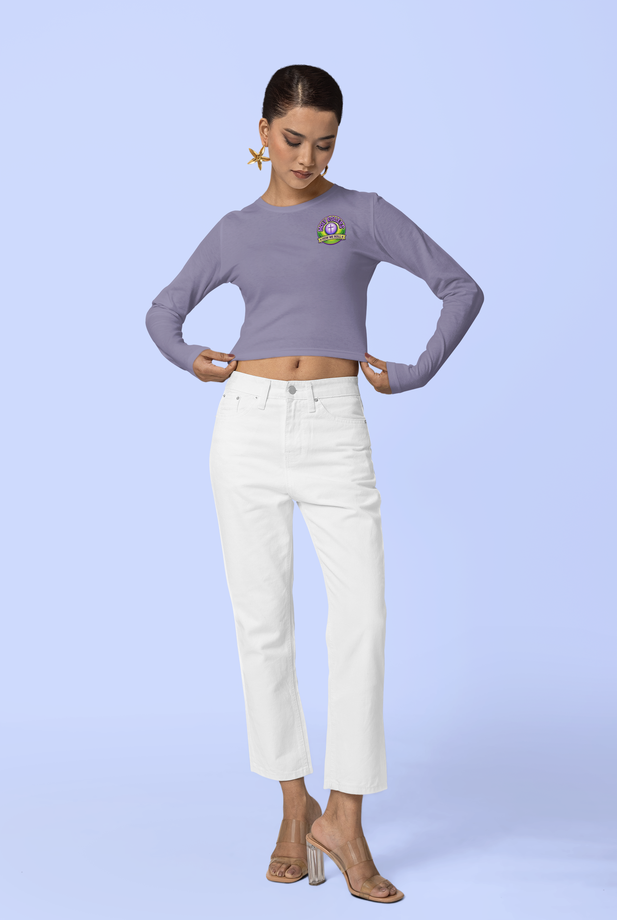 Holy Rollers Christian apparel: Crop Long Sleeve Tee — Women's FWD Fashion Crop Top with Small Chest Logo