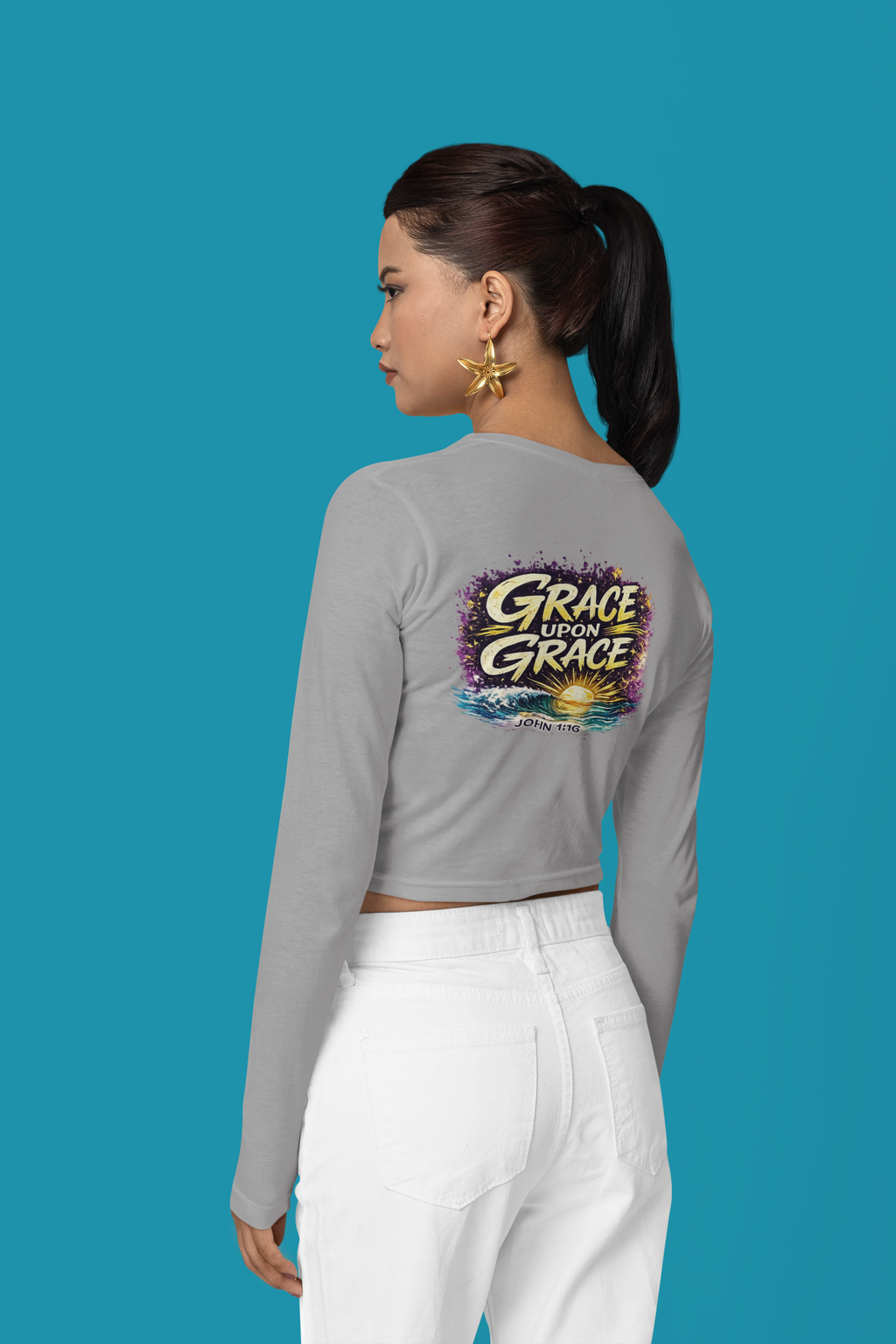 Holy Rollers Christian apparel thumbnail: Crop Long Sleeve Tee — Women's FWD Fashion Crop Top with Small Chest Logo