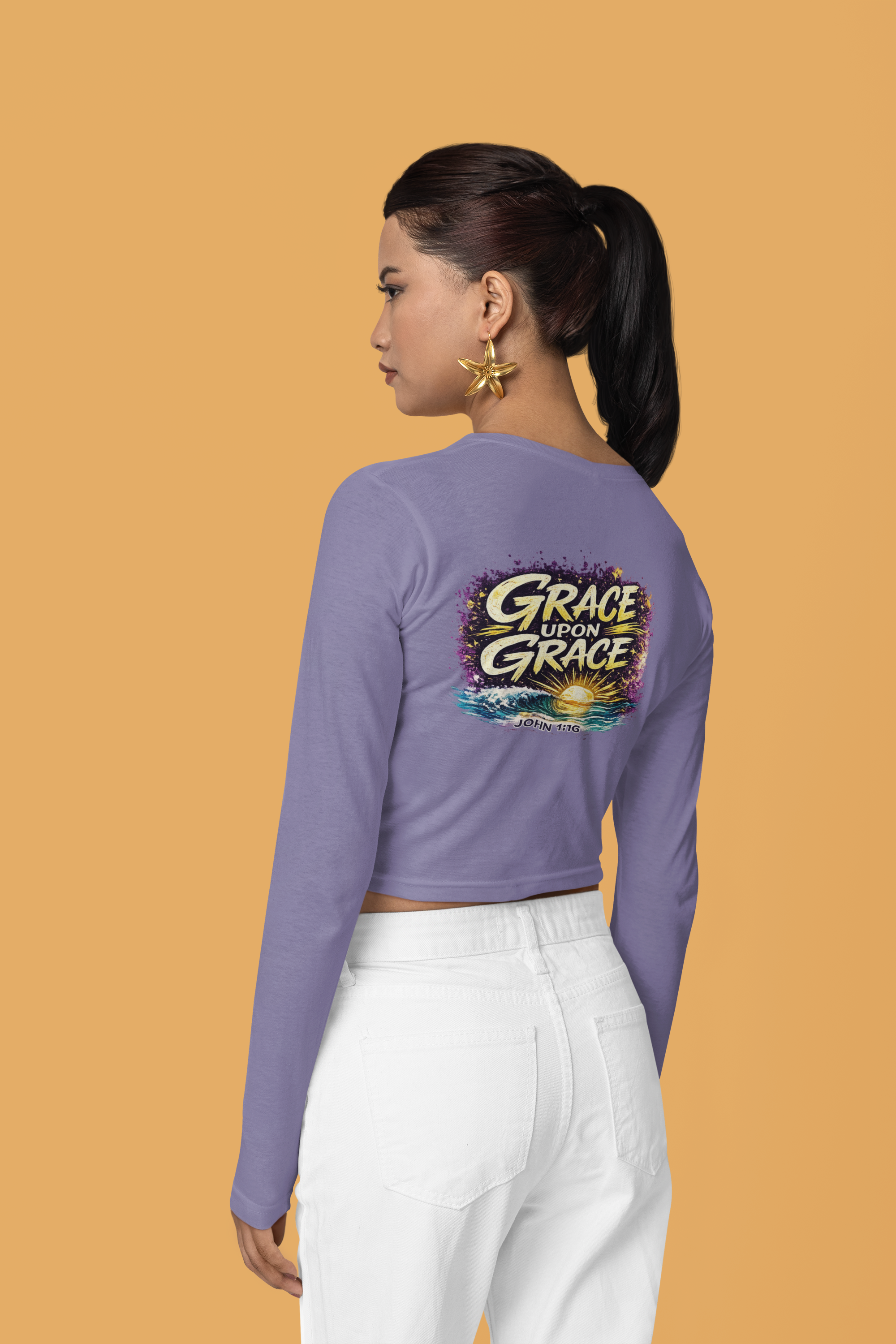 Holy Rollers Christian apparel: Crop Long Sleeve Tee — Women's FWD Fashion Crop Top with Small Chest Logo