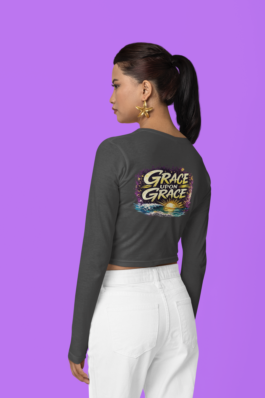 Holy Rollers Christian apparel thumbnail: Crop Long Sleeve Tee — Women's FWD Fashion Crop Top with Small Chest Logo
