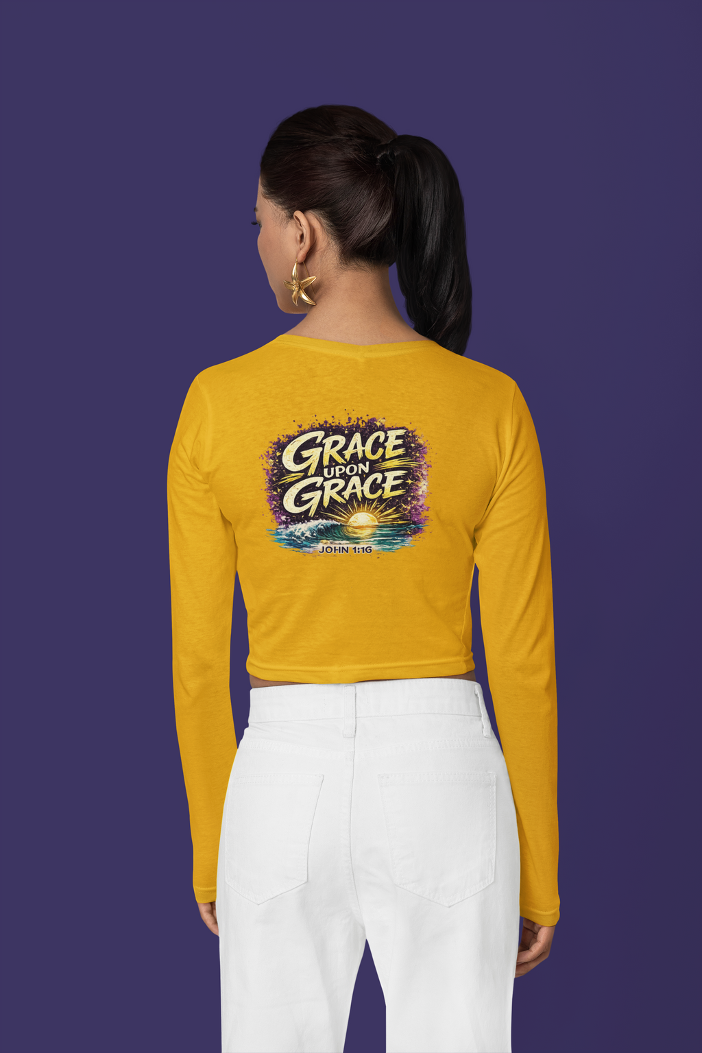 Holy Rollers Christian apparel thumbnail: Crop Long Sleeve Tee — Women's FWD Fashion Crop Top with Small Chest Logo