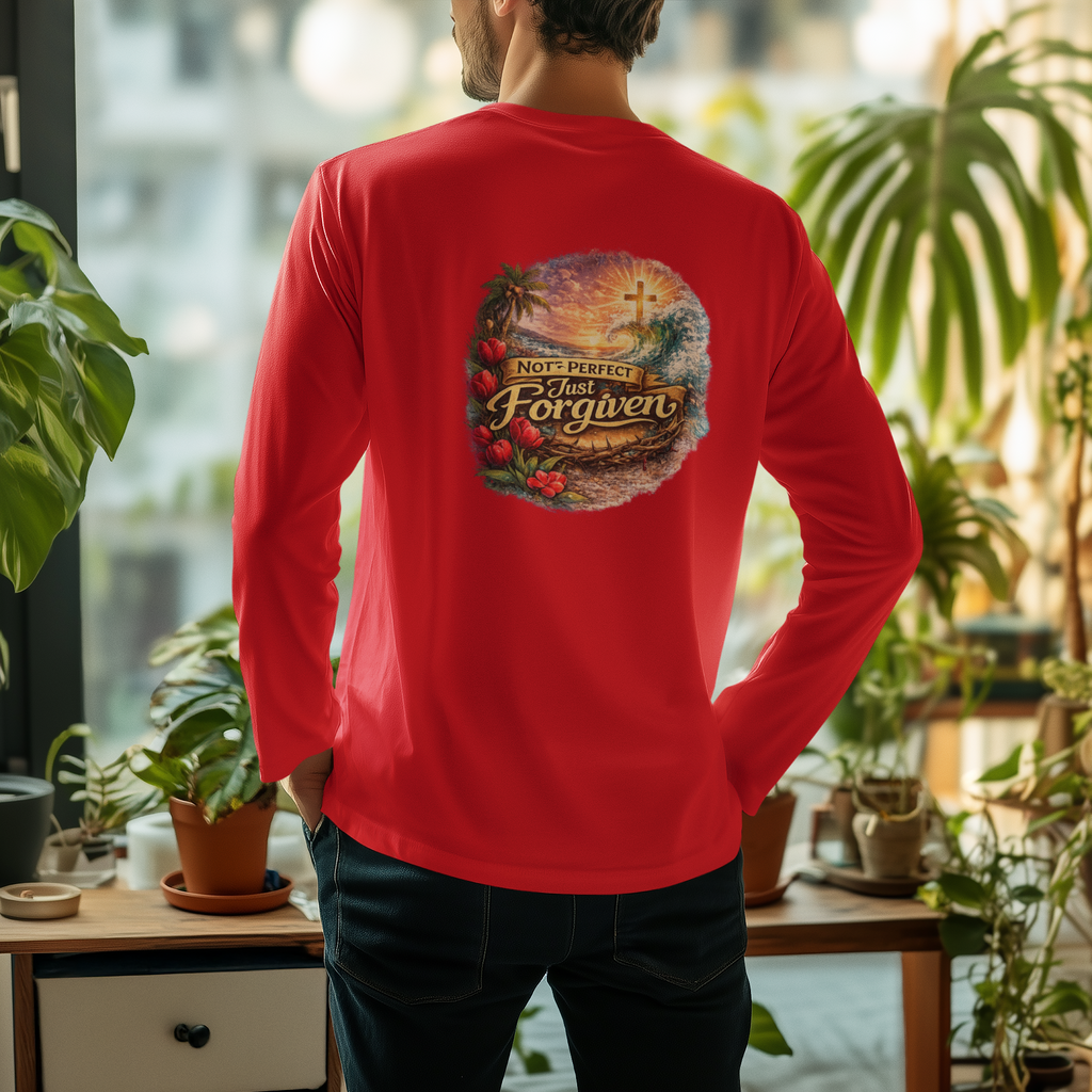 Holy Rollers Christian apparel thumbnail: Holy Rollers Performance Long Sleeve — "Not Perfect Just Forgiven" Beach Christian Shirt