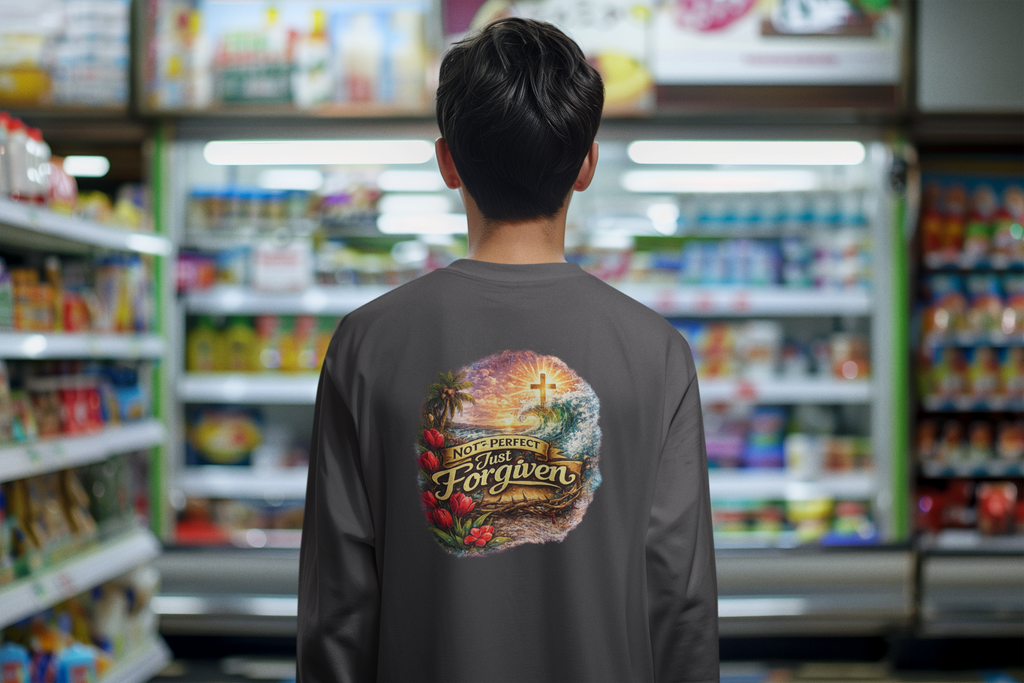 Holy Rollers Christian apparel thumbnail: Holy Rollers Performance Long Sleeve — "Not Perfect Just Forgiven" Beach Christian Shirt