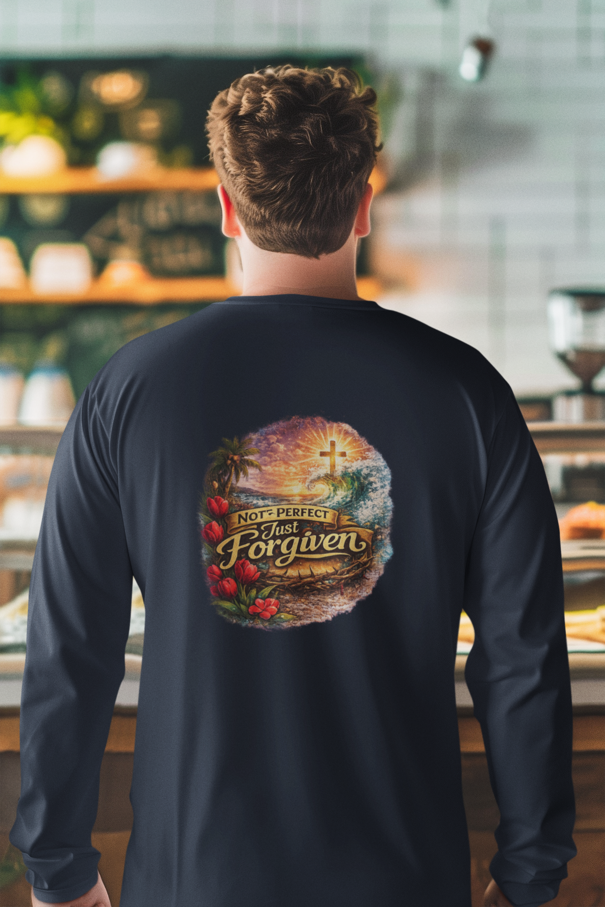 Holy Rollers Christian apparel: Holy Rollers Performance Long Sleeve — "Not Perfect Just Forgiven" Beach Christian Shirt